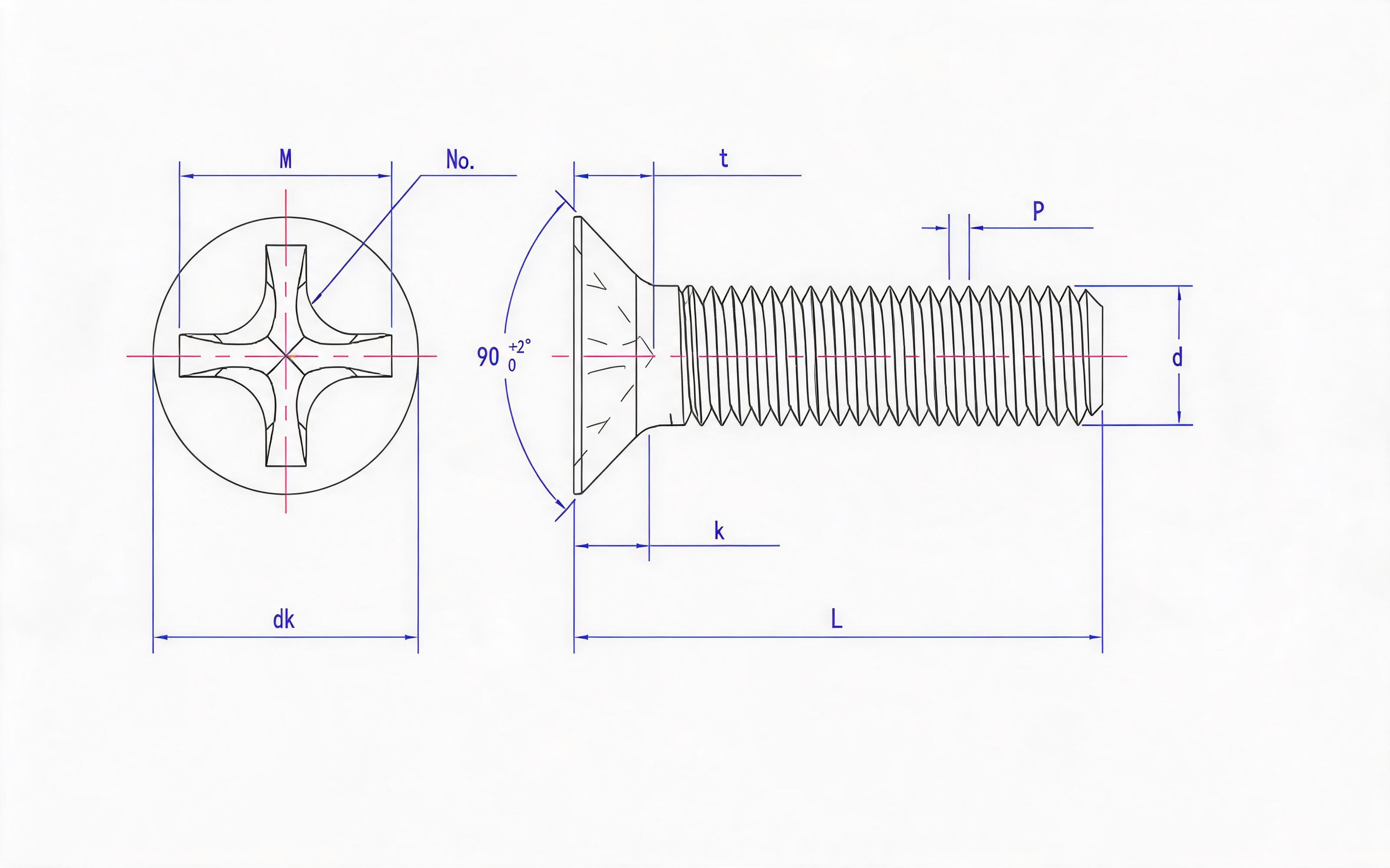 Grade 8.8, stainless steel and non-ferrous deep cross recessed countersunk head screws (H-groove) Standard Drawing