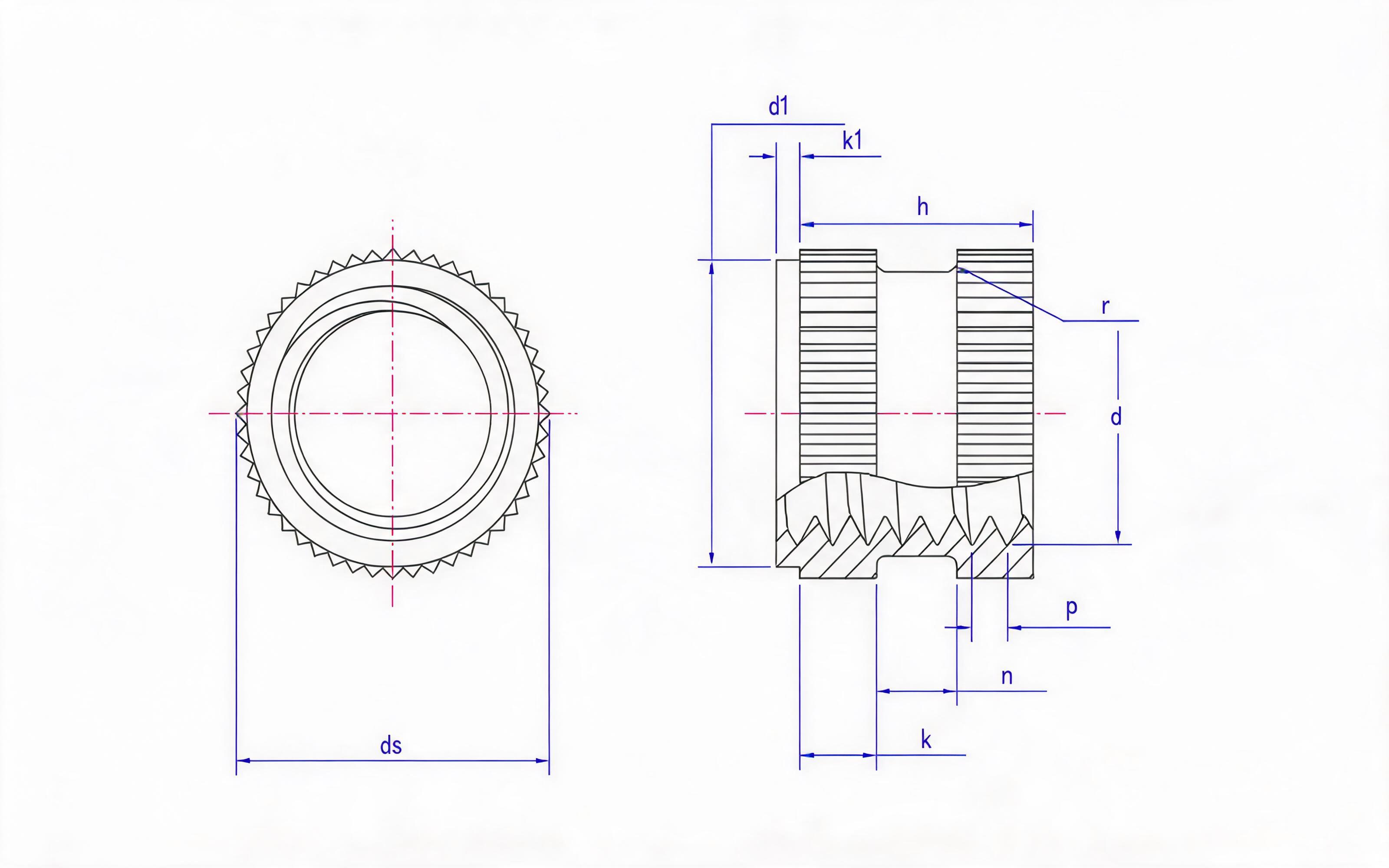 Knurled through-hole slotted step insert nut (Type D) Standard Drawing