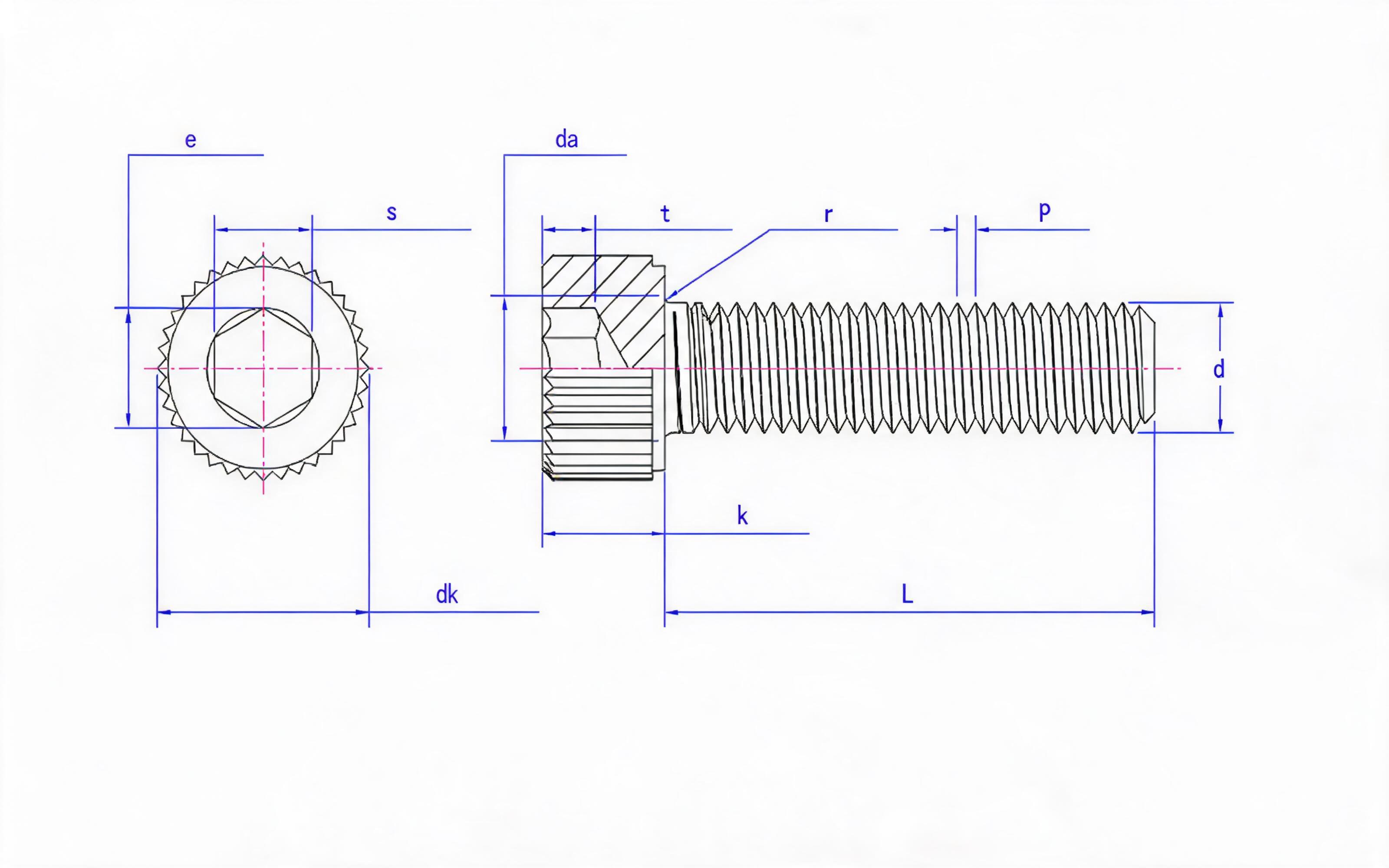 Knurled hexagon socket head cap screw fine thread Standard Drawing