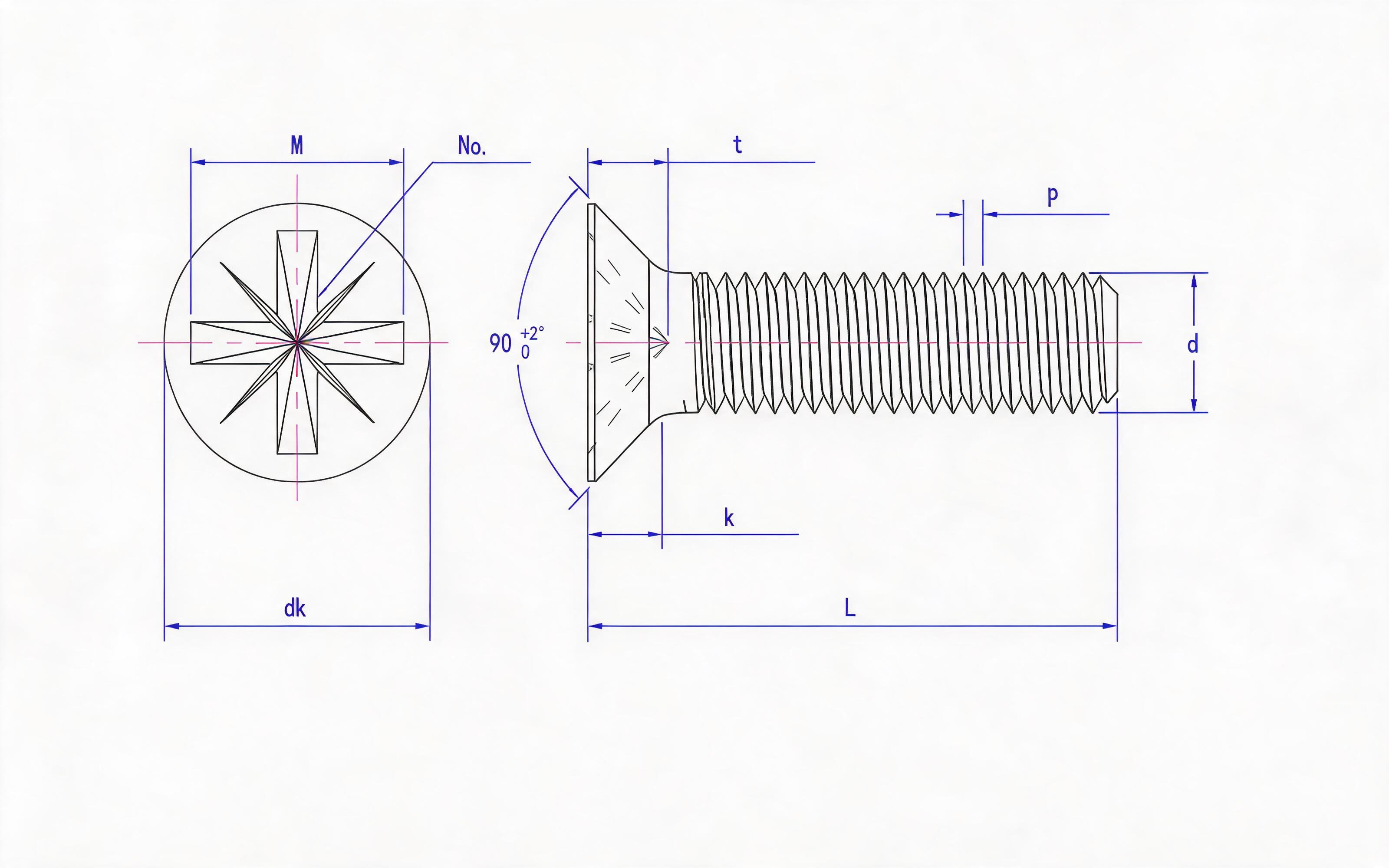 Grade 8.8, stainless steel and non-ferrous deep herringbone groove countersunk head screw (Z-groove) Standard Drawing