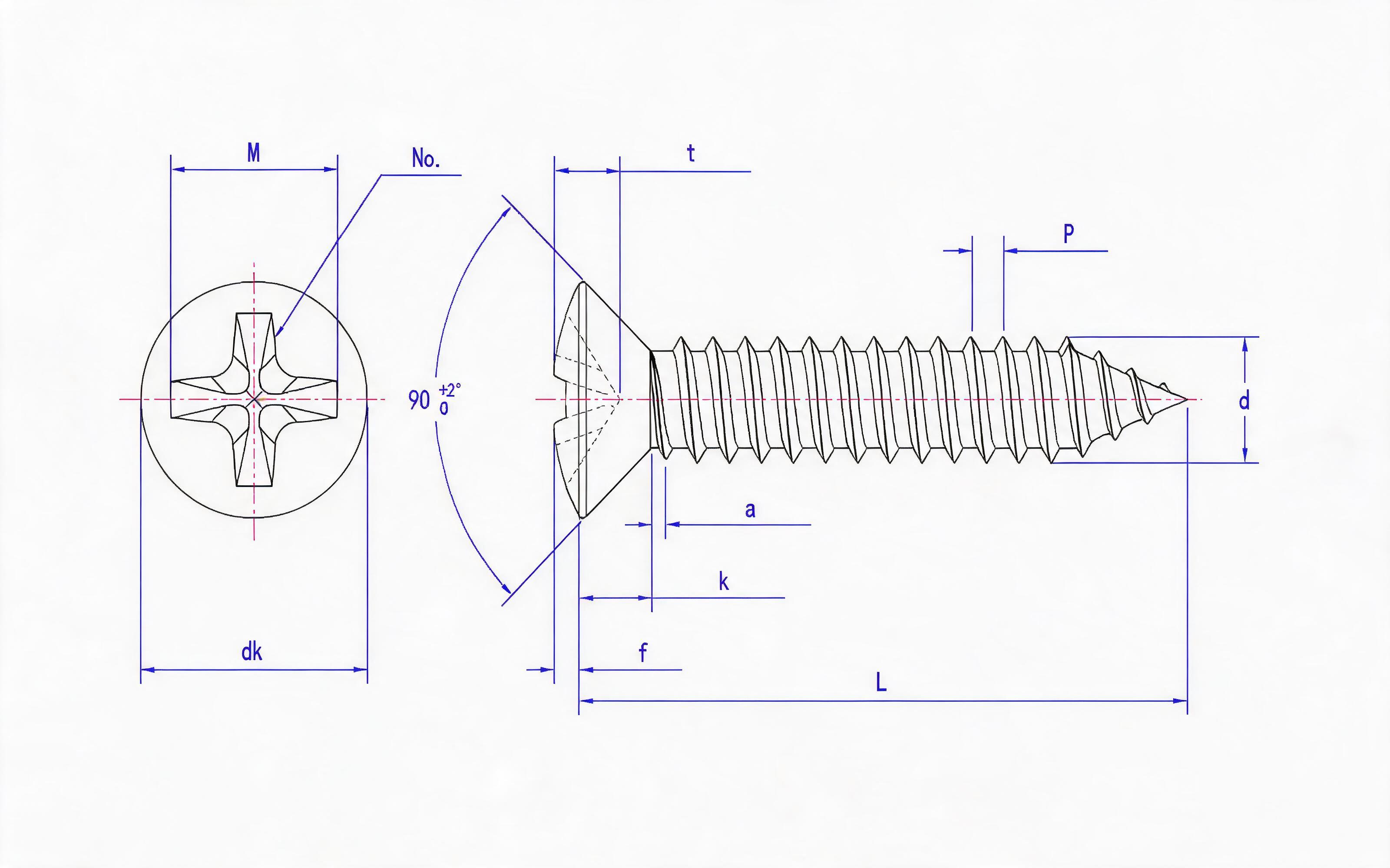 Cross recessed countersunk head self-tapping screw Type C Standard Drawing