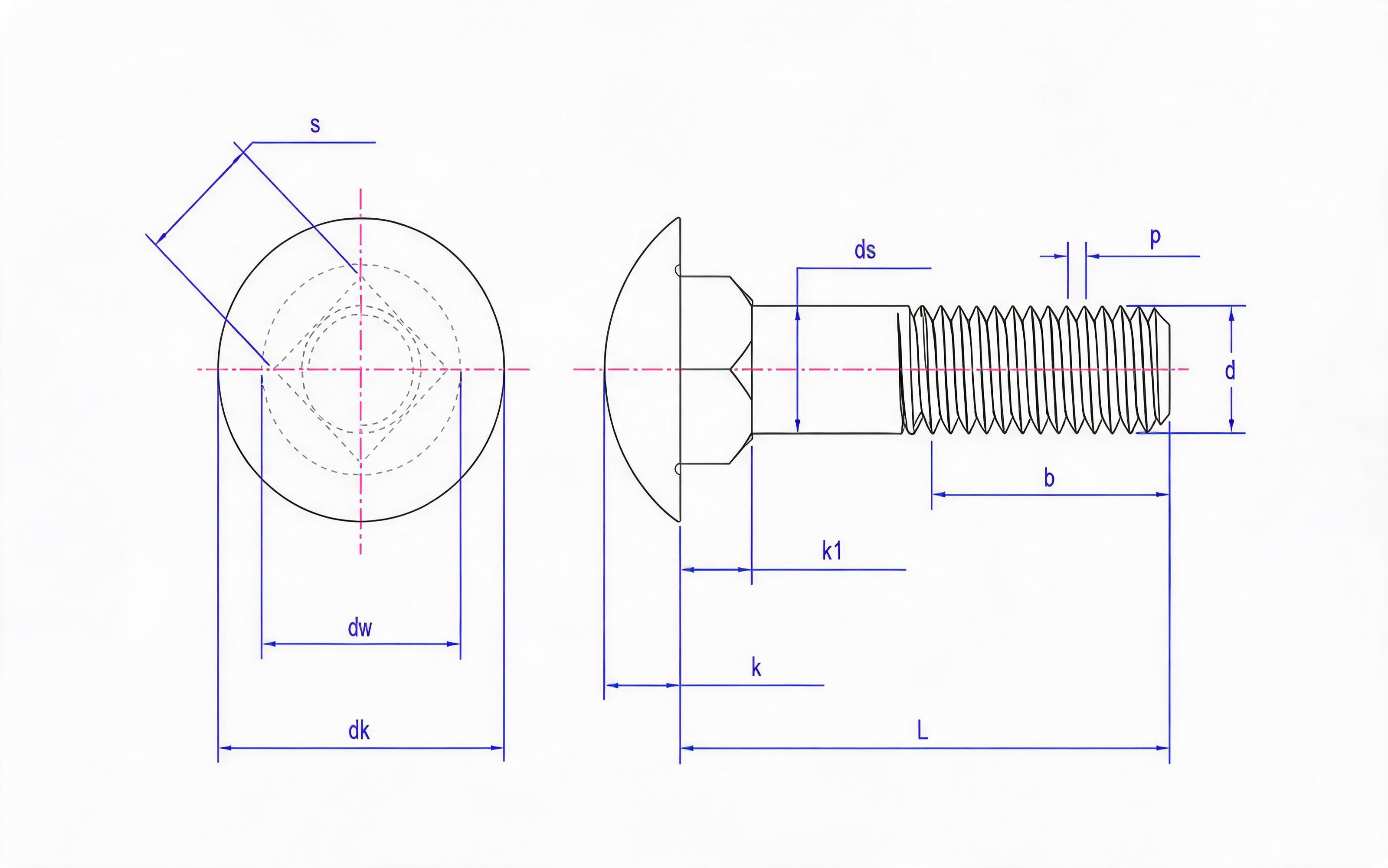 Type A reinforced round head square neck bolt Standard Drawing