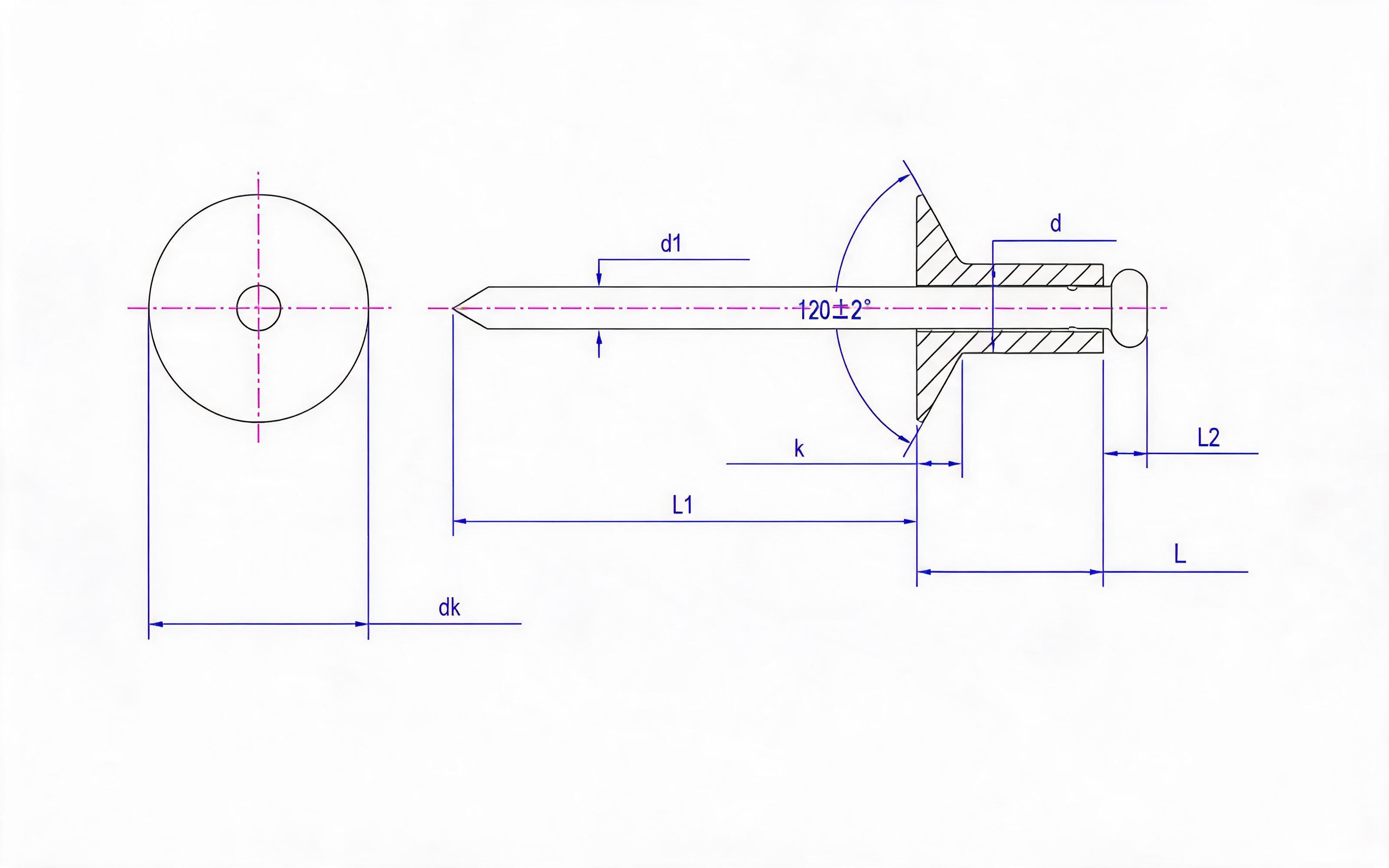 Open end countersunk head pop rivet Standard Drawing