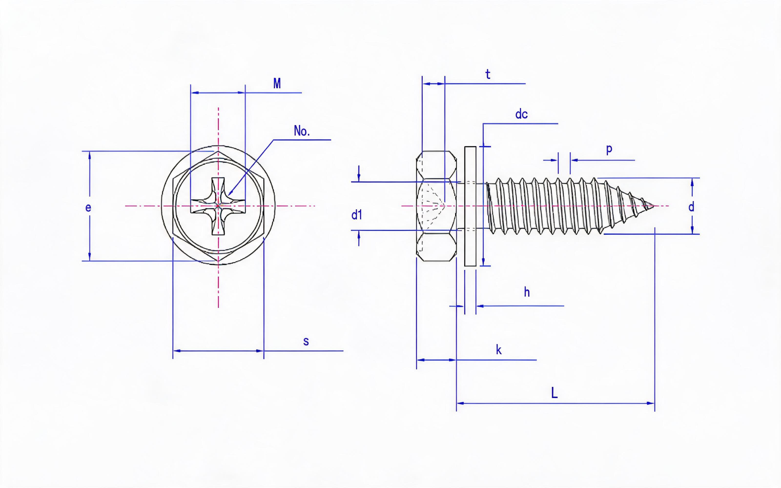 Cross recessed hexagon head self-tapping screw and flat washer combination type C Standard Drawing