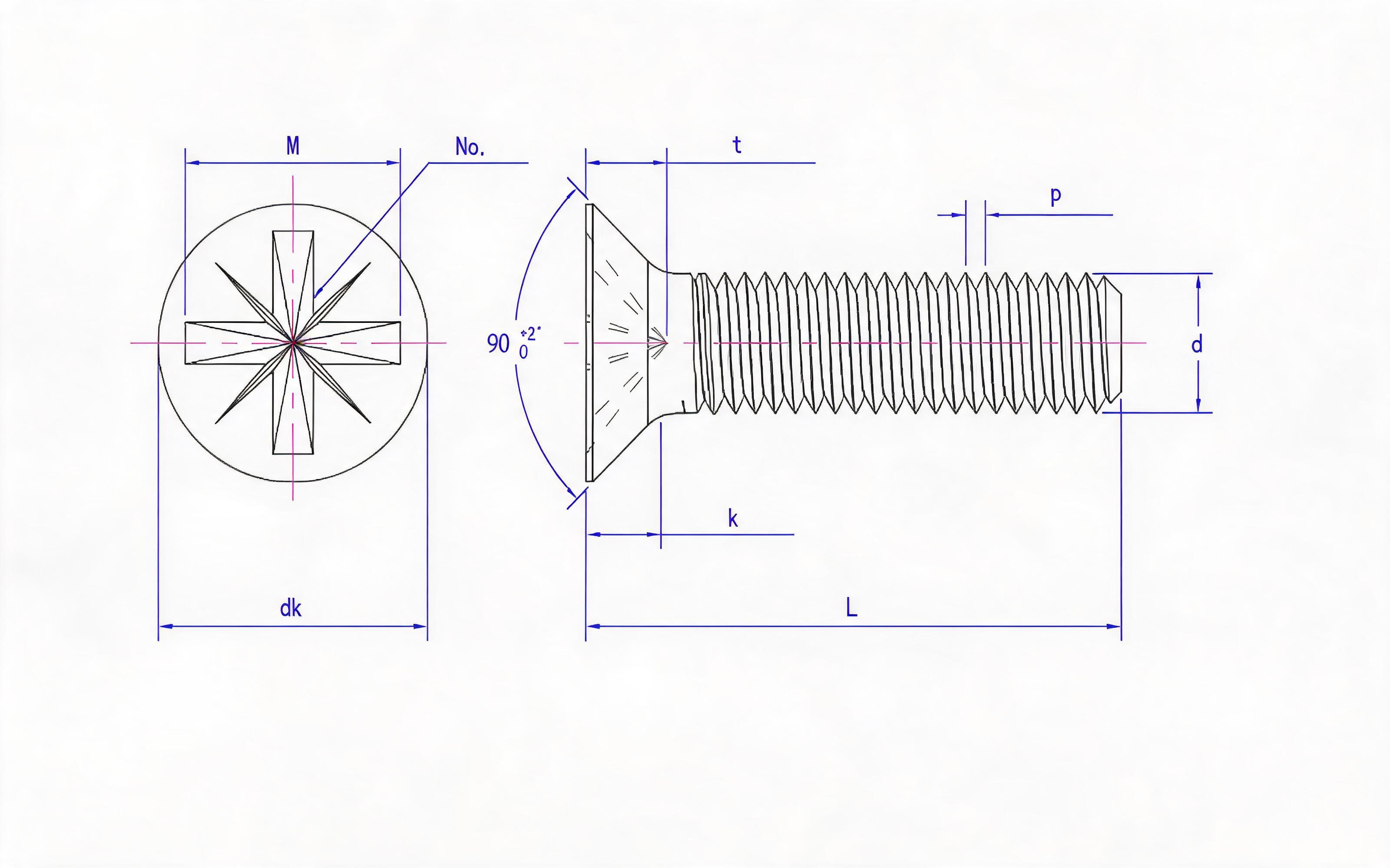 Grade 8.8, stainless steel and non-ferrous deep herringbone groove countersunk head screw (Z-groove) Standard Drawing