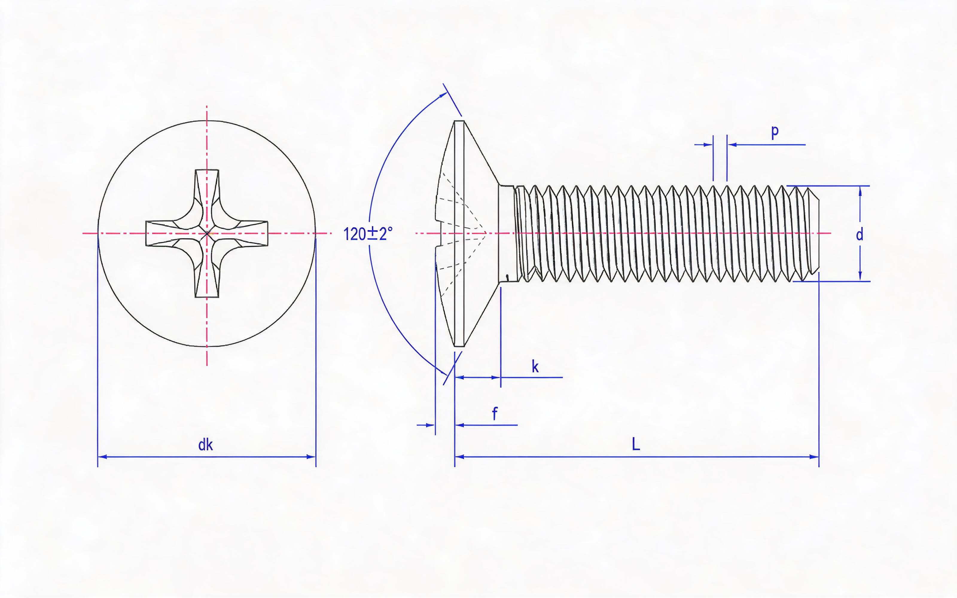 Cross recessed 120 ° countersunk head screw (H-groove) Standard Drawing