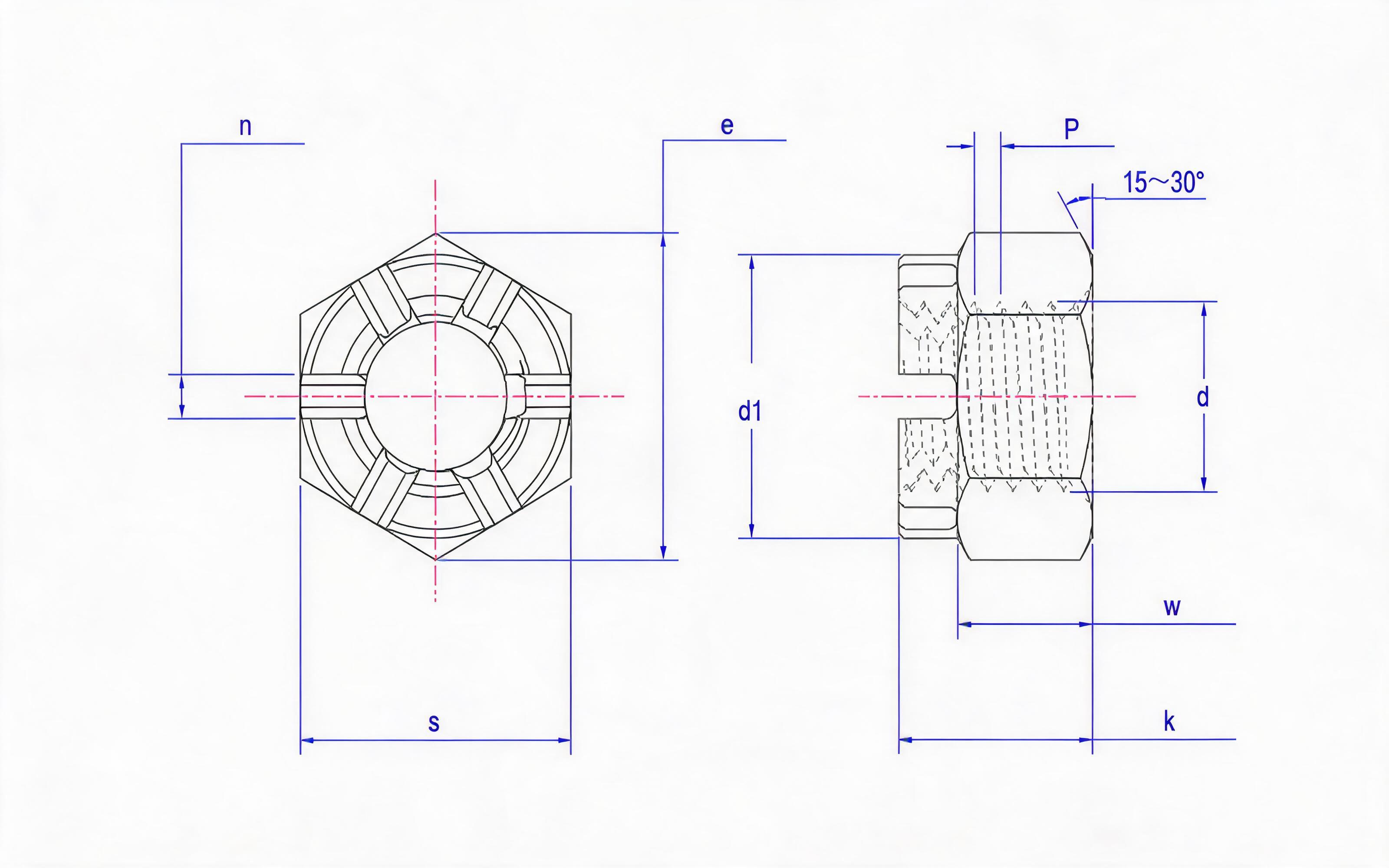 SLOTTED CROWN NUT Standard Drawing