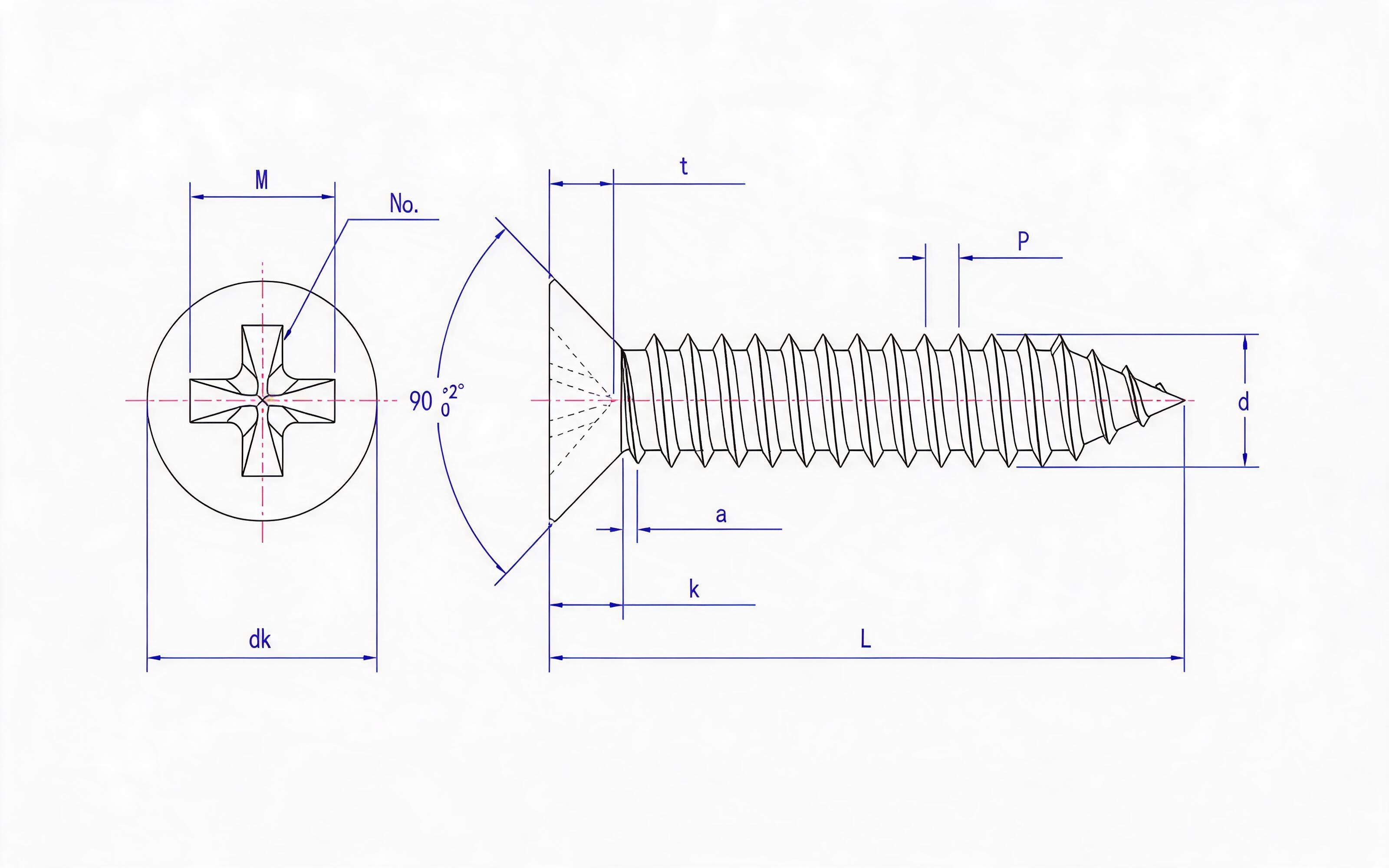 Cross recessed countersunk head self-tapping screw Type C Standard Drawing