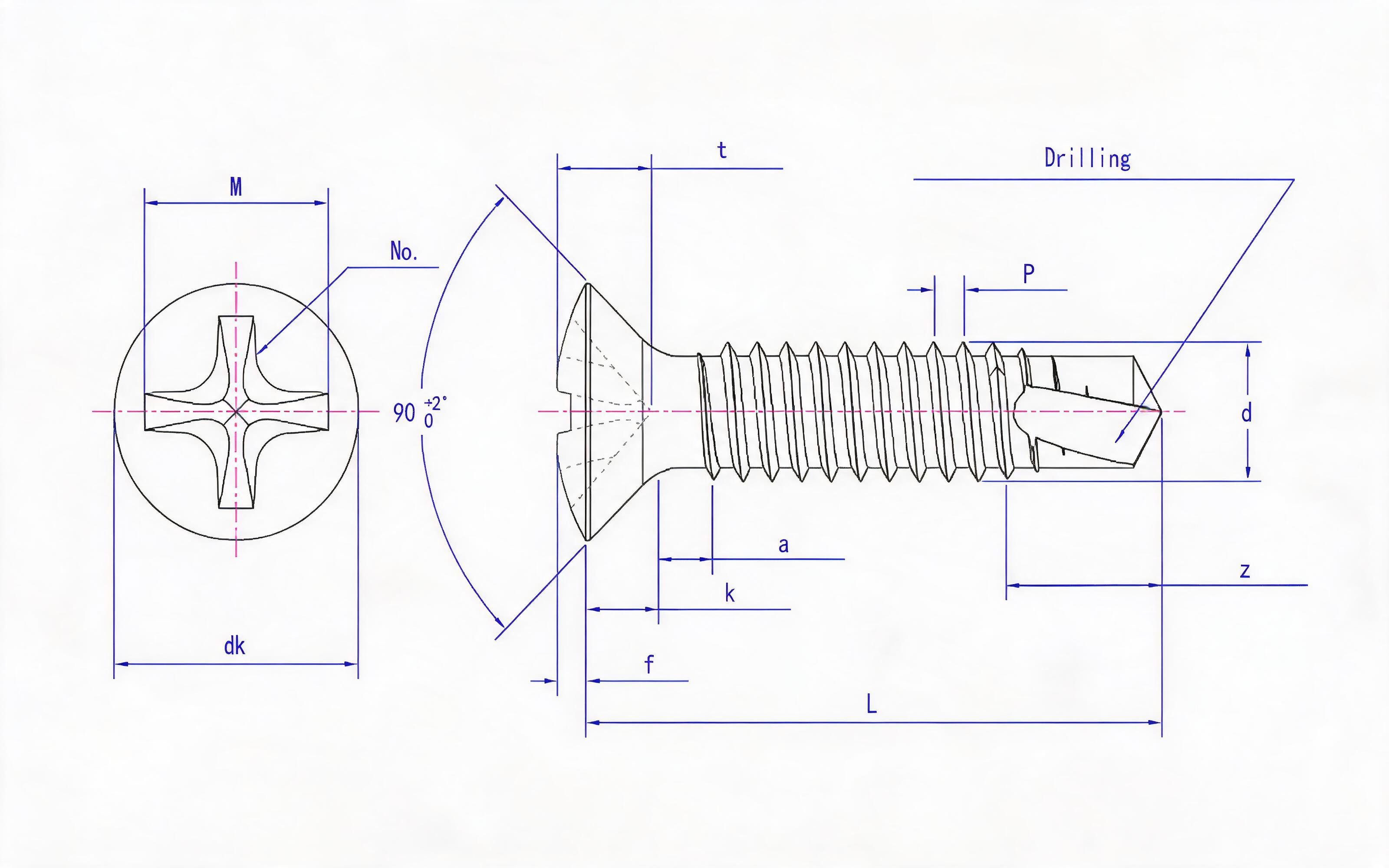 Cross recessed countersunk head self-tapping screw (H type) Standard Drawing