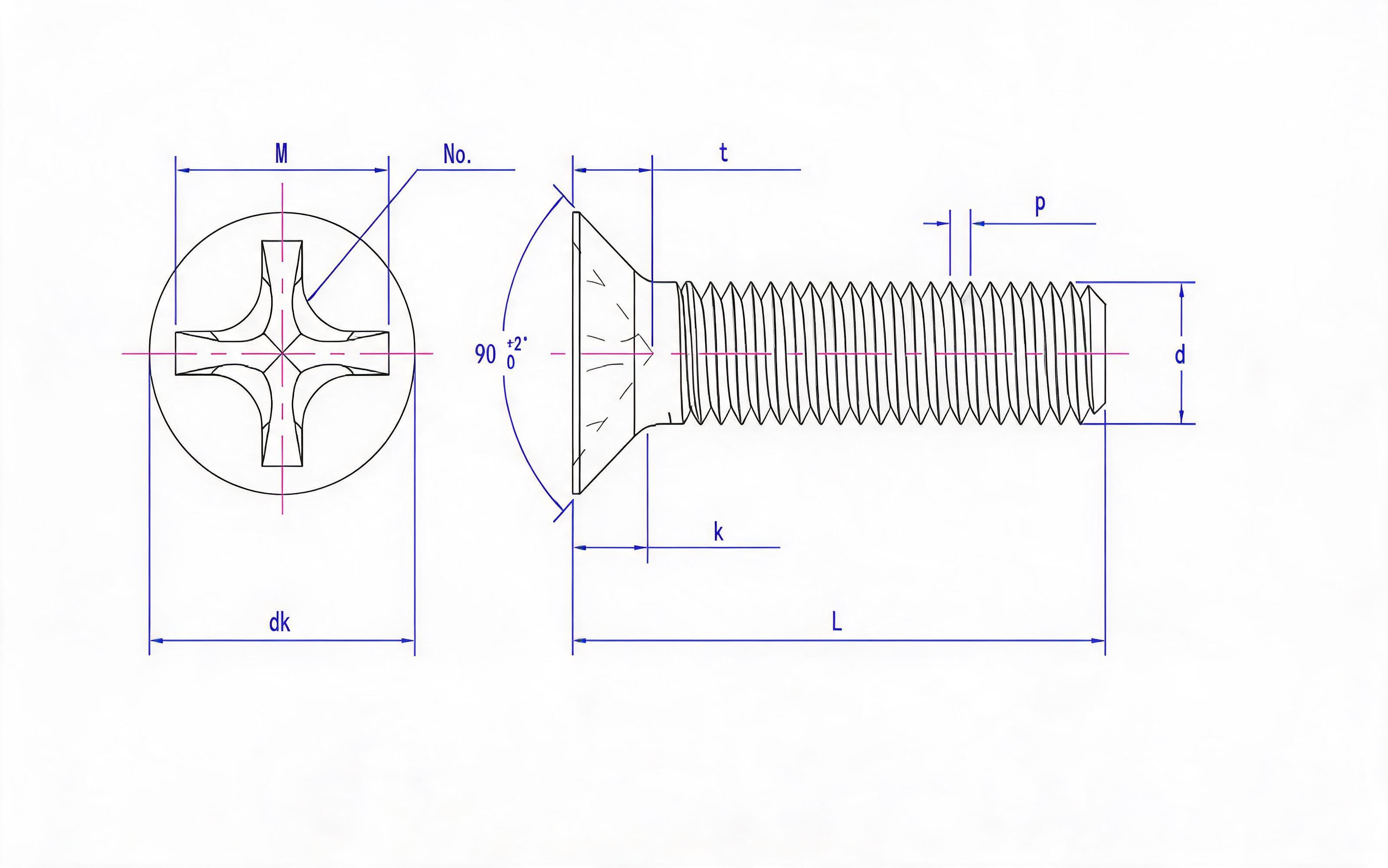 Grade 4.8 Cross recessed countersunk head screw (H-groove) Standard Drawing