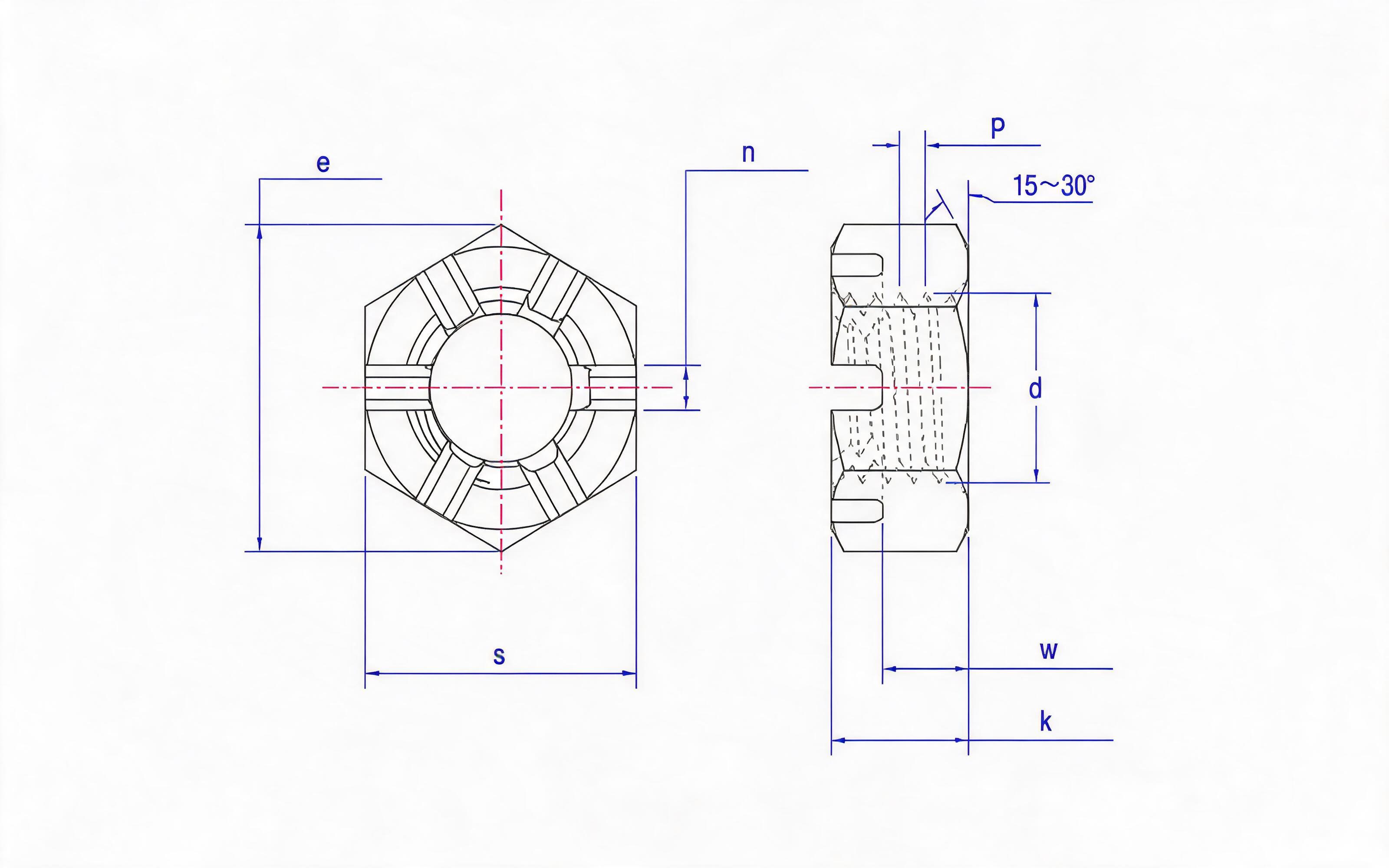 Hexagon thin slotted nut fine thread Standard Drawing