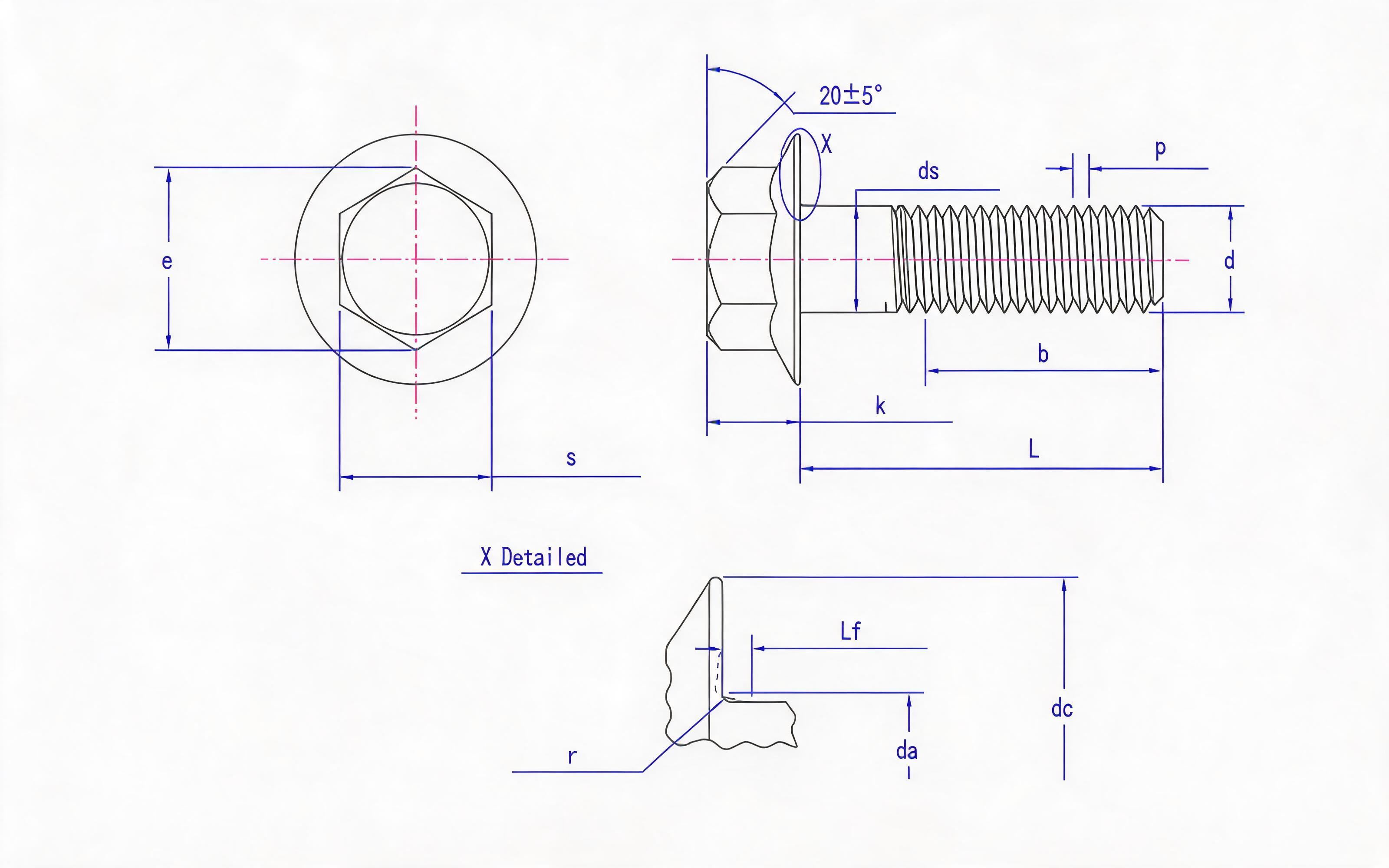 Hexagon flange coarse shank bolt Small series fine thread (type F) Standard Drawing