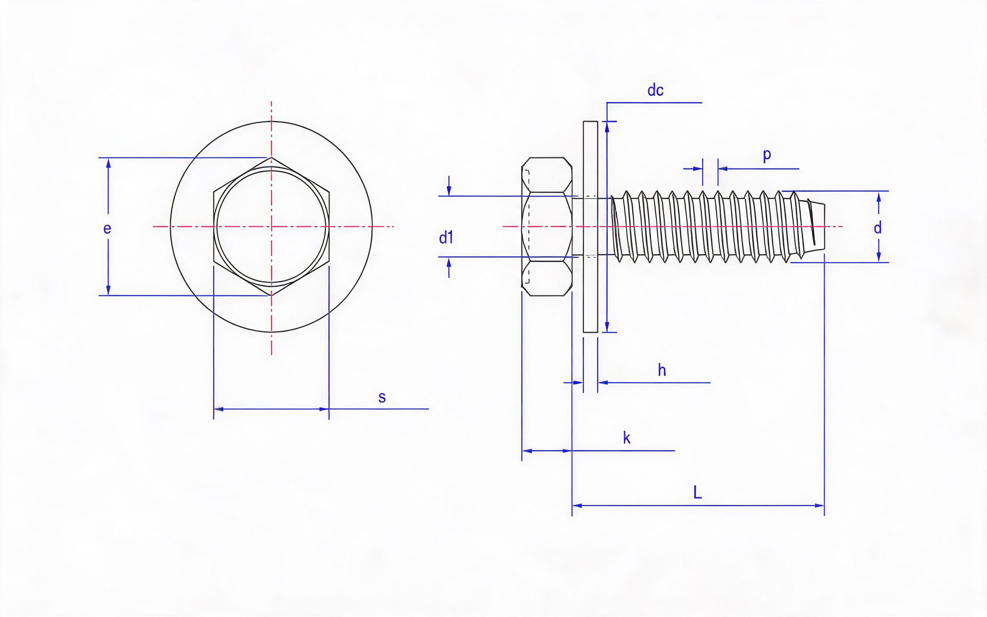 Hexagon self-tapping screw and large flat washer combination type F Standard Drawing