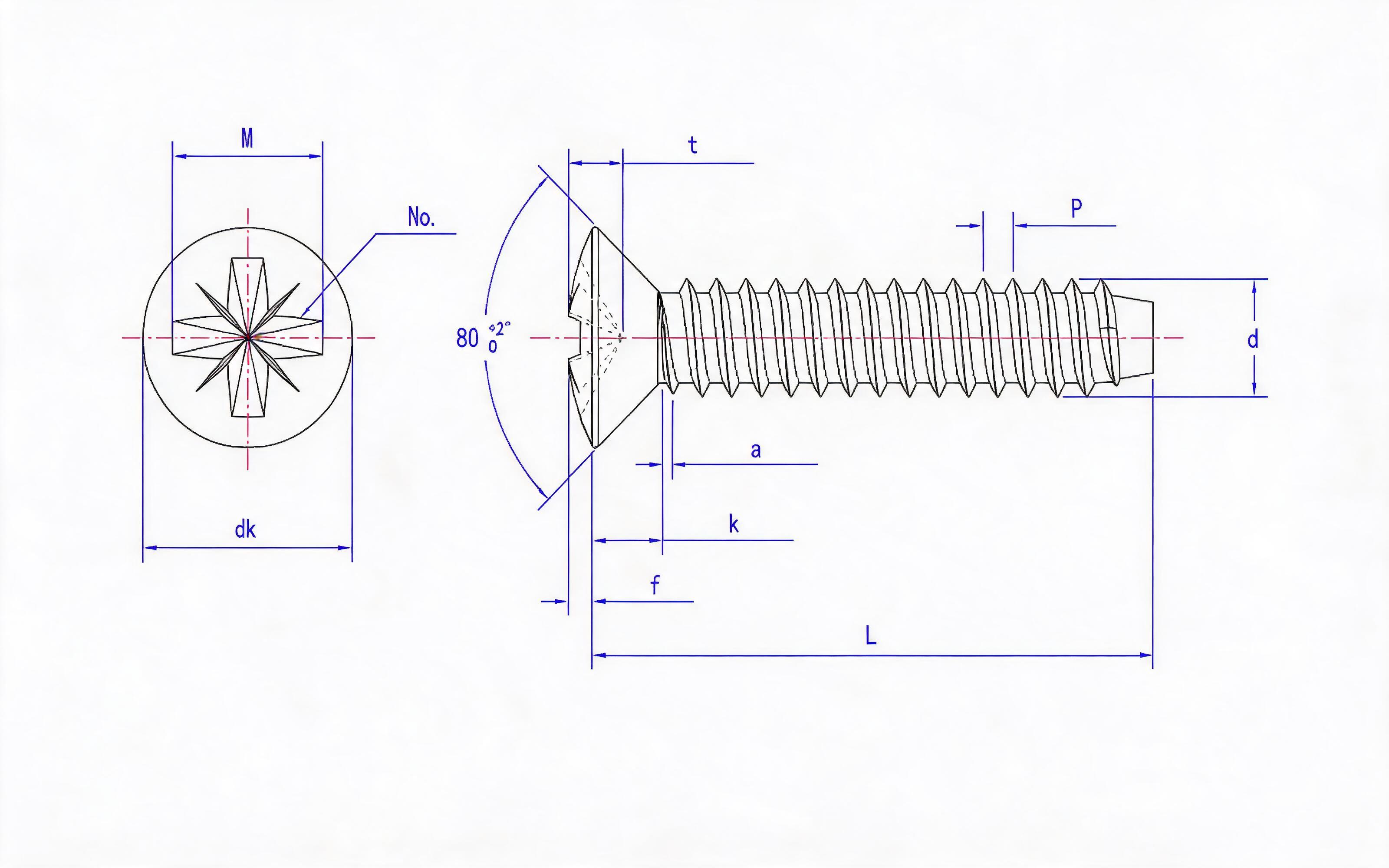 Type F countersunk head self-tapping screw with herringbone groove Standard Drawing