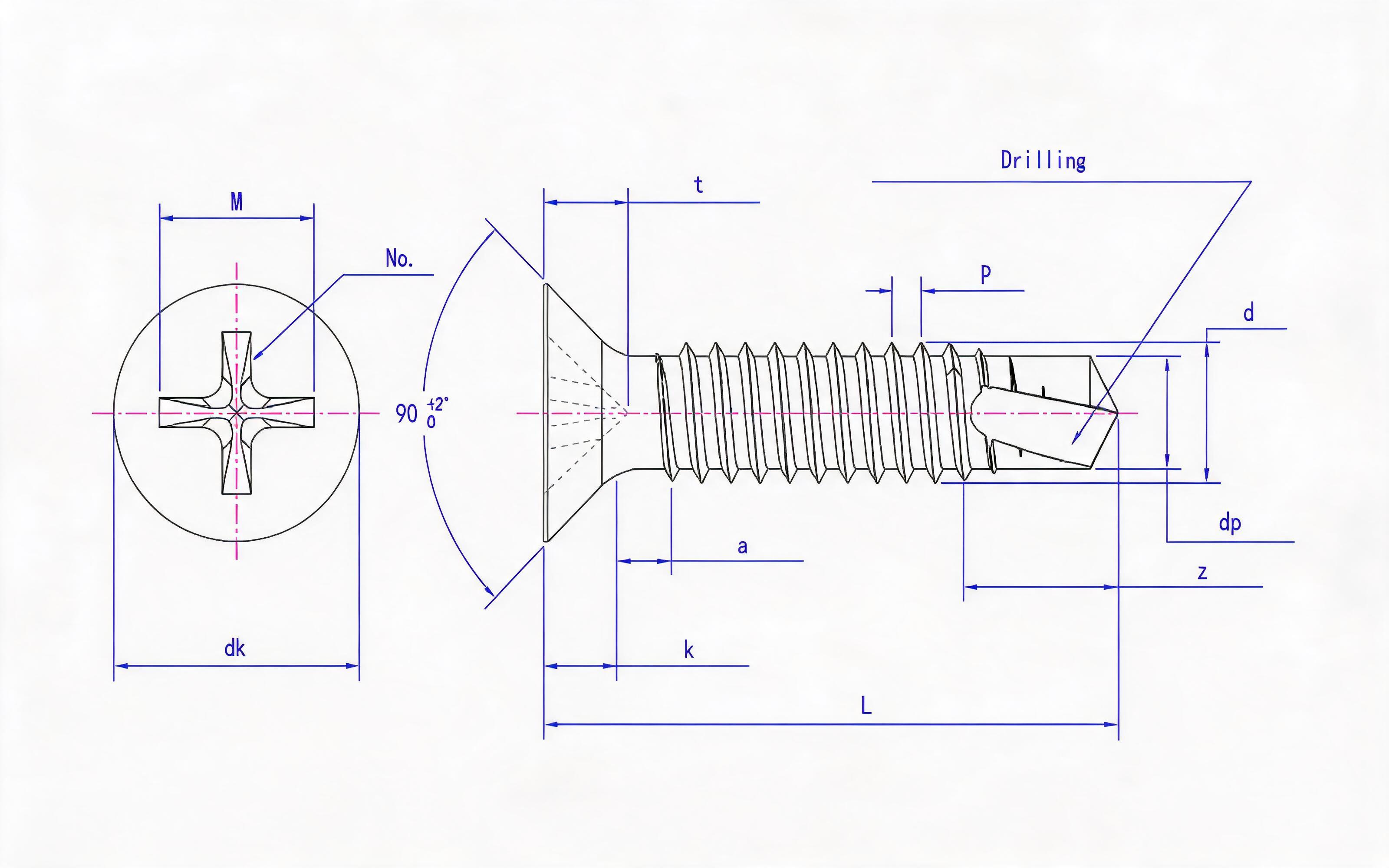Cross recessed countersunk head self-tapping screw (H type) Standard Drawing
