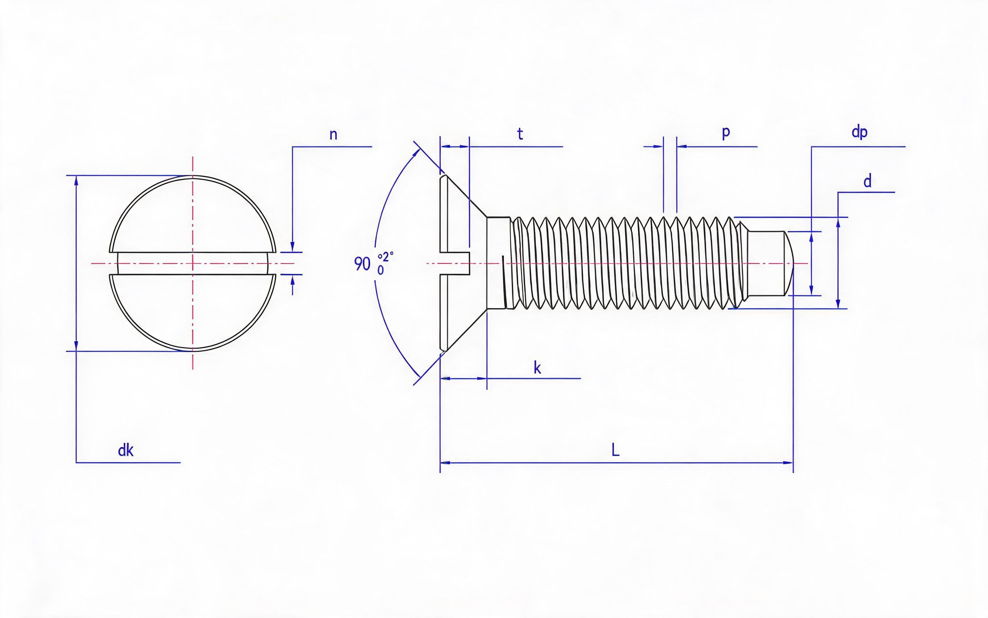 SLOTTED COUNTERSUNK HEAD LONG CYLINDRICAL END SCREW Standard Drawing