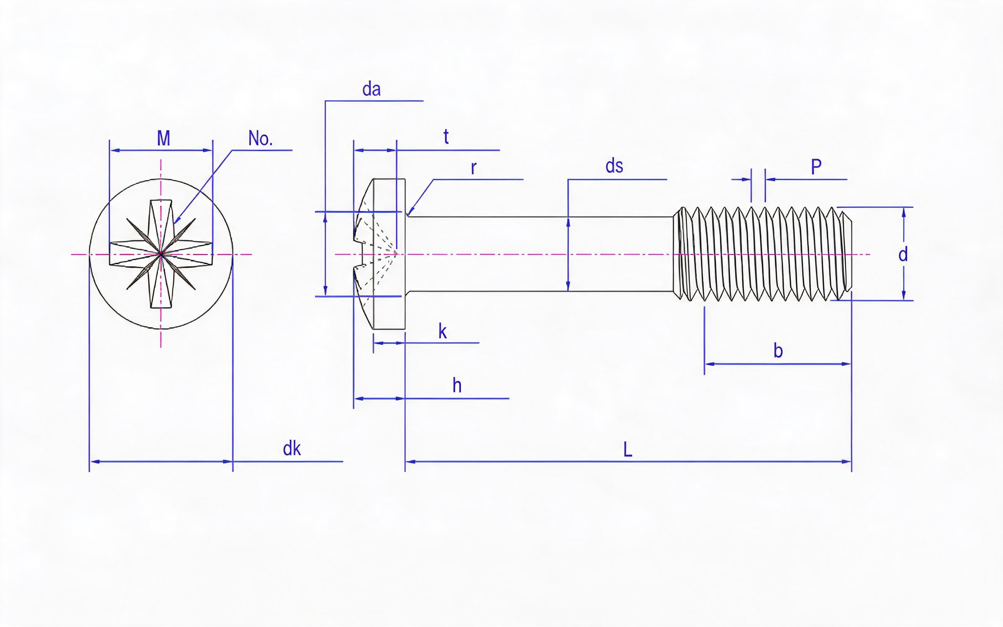 Herringbone groove spherical cylindrical head screw L long thread (flat end) Standard Drawing