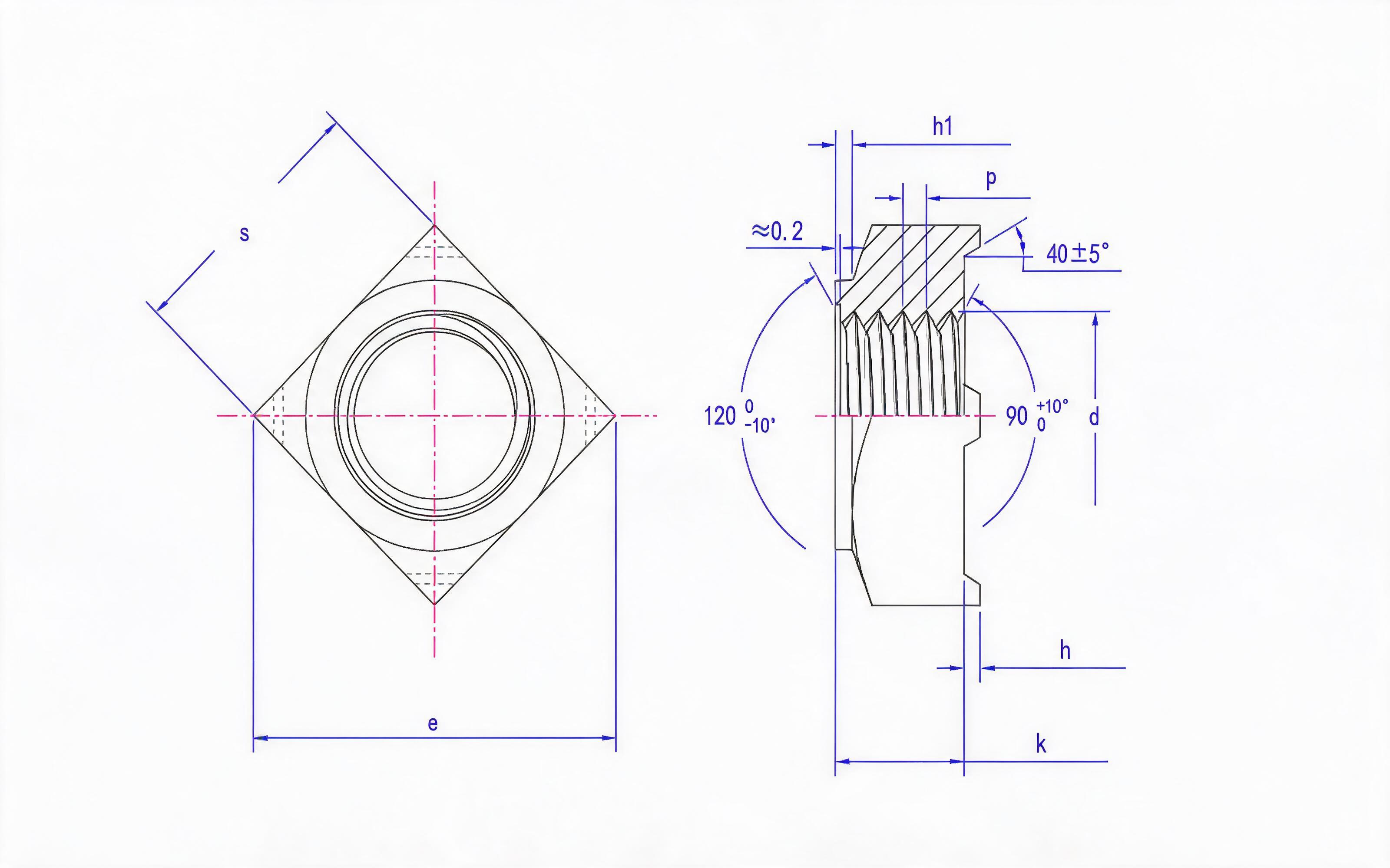 Unified thread square welding nut (large opposite side) Standard Drawing