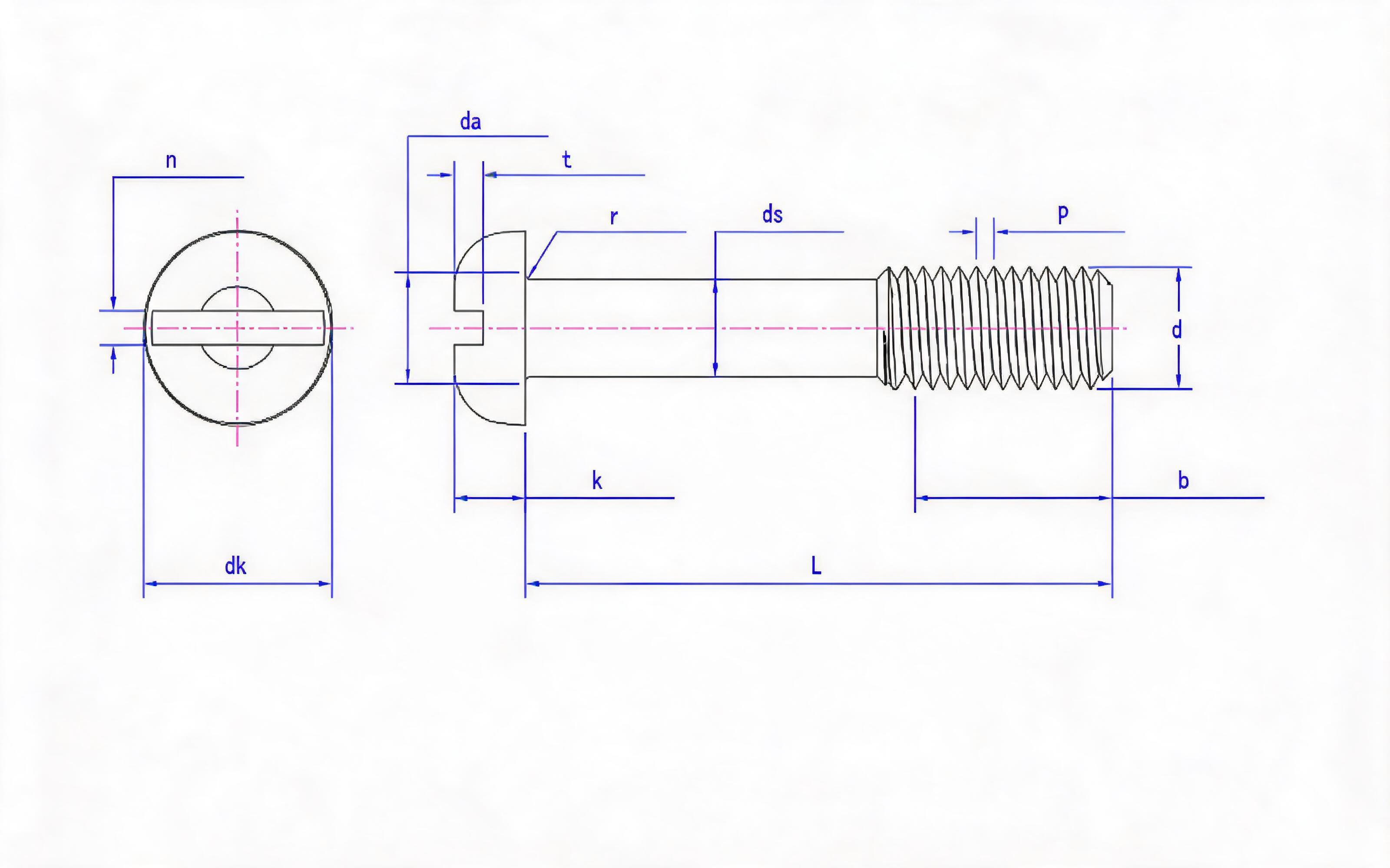 SLOTTED PAN HEAD WITHOUT SCREW L LONG THREAD (FLAT) Standard Drawing