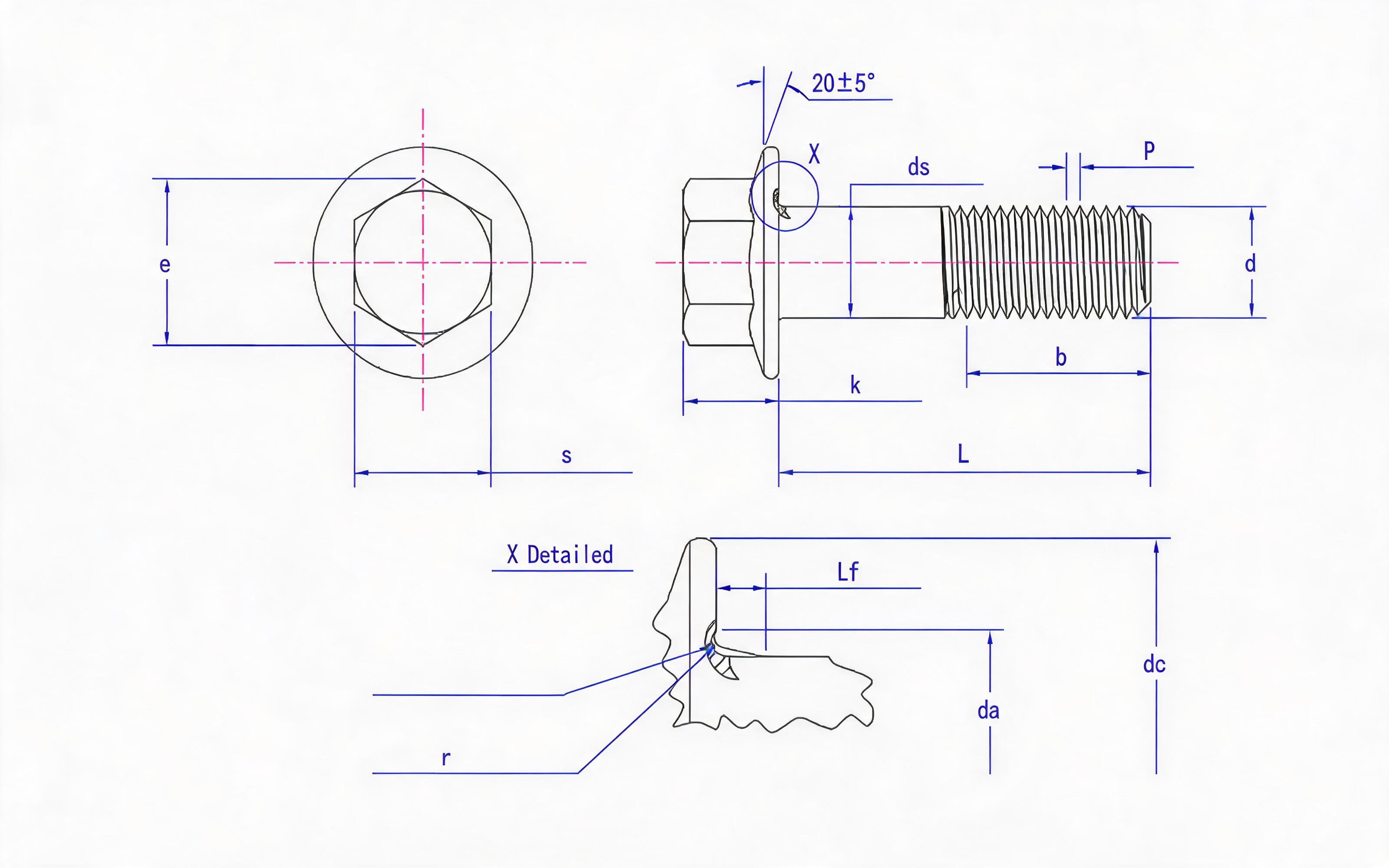 Hexagon flange coarse shank bolt Small series fine thread (U-shaped) Standard Drawing