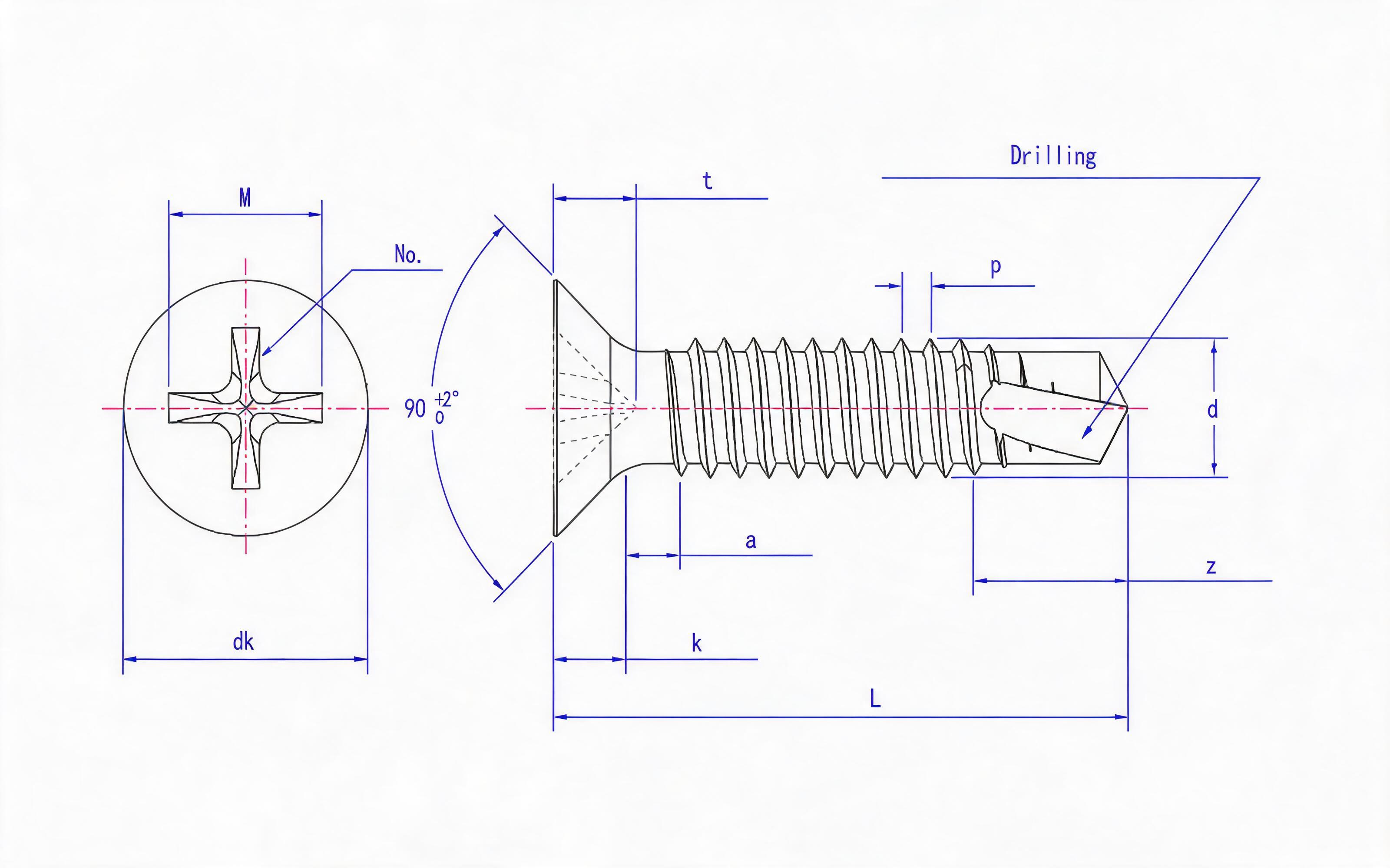 Cross recessed countersunk head self-tapping screw (H type) Standard Drawing
