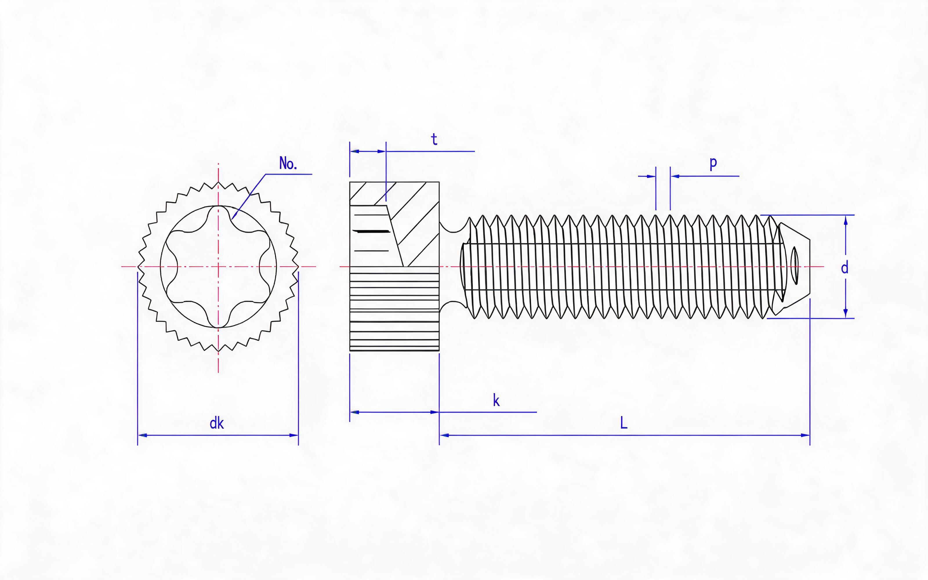 Knurled hexagon slotted cheese head self-extruded screw Standard Drawing