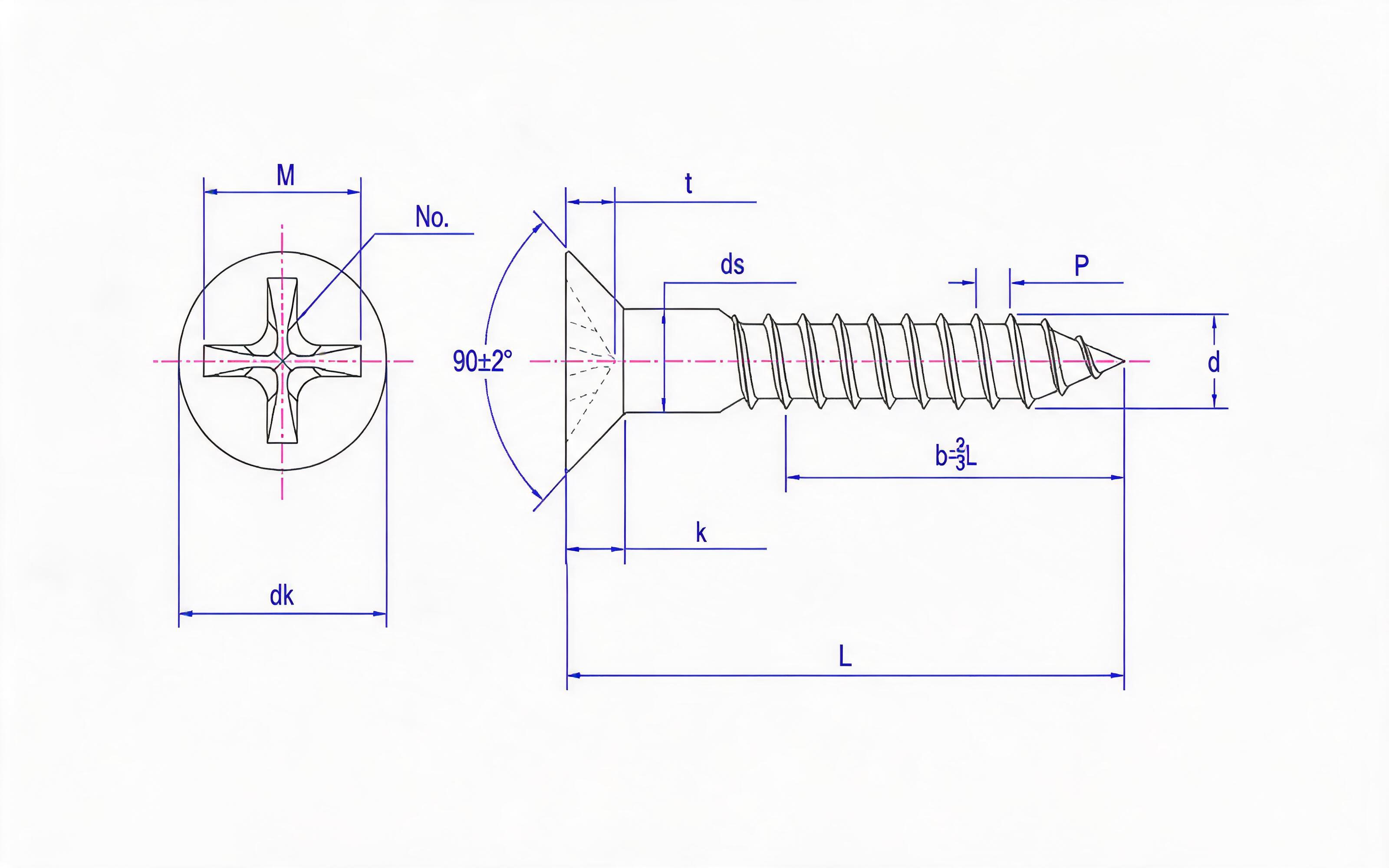 Cross recessed countersunk head wood screw Standard Drawing