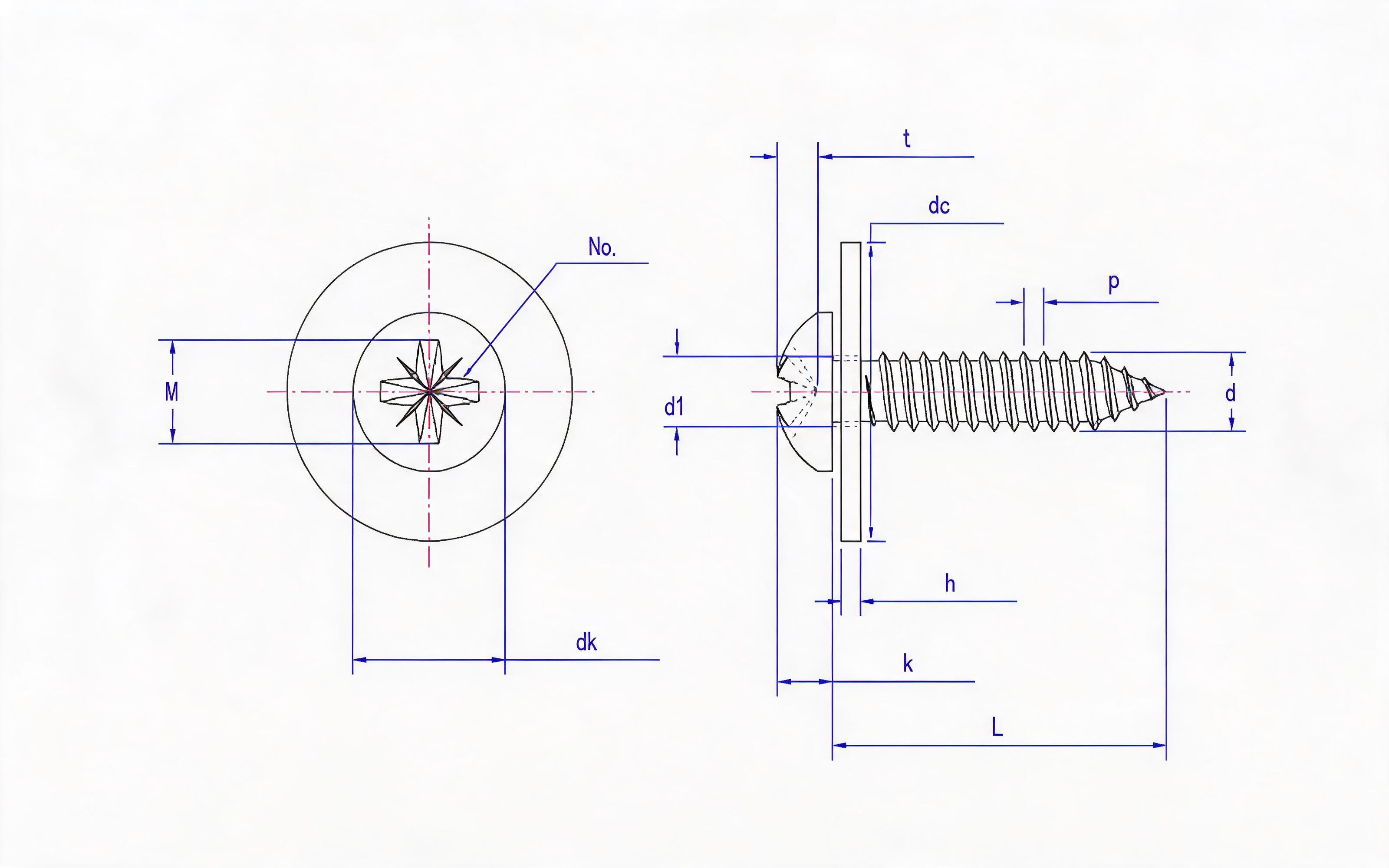 Type C combination of herringbone groove panhead self-tapping screw and large flat washer Standard Drawing