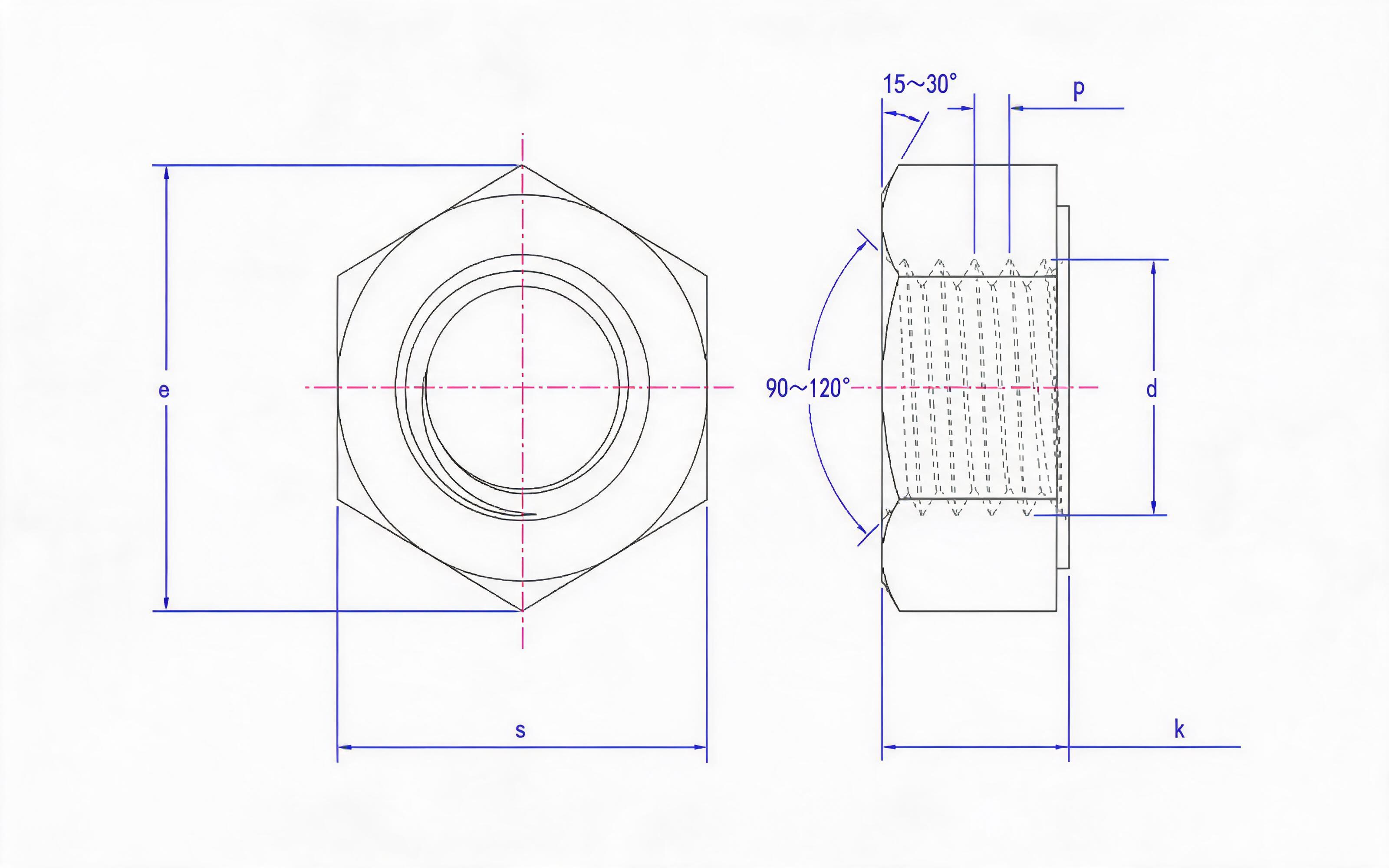 Type 1 single chamfered hexagon nut fine thread Standard Drawing