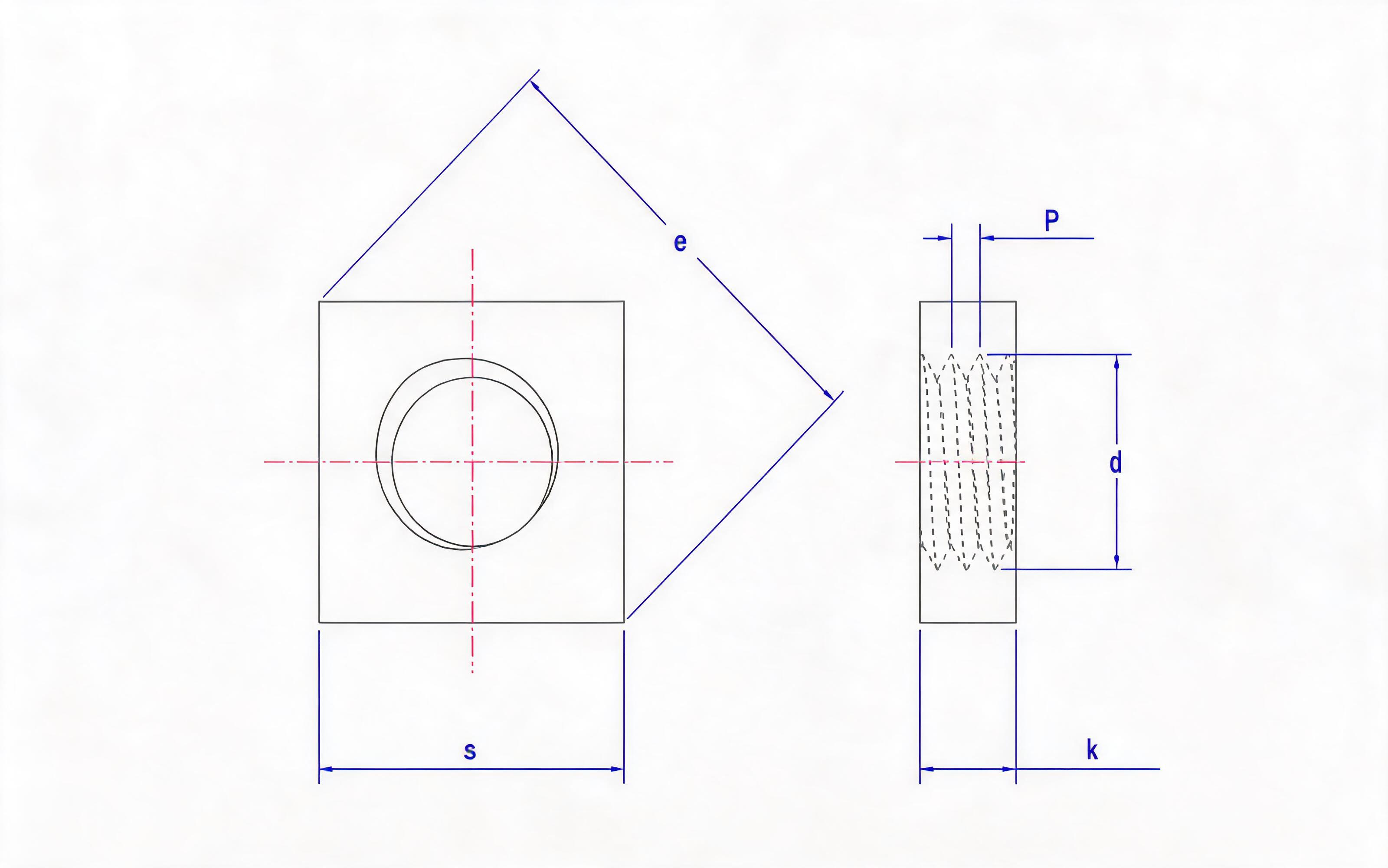 Thin square nut (large opposite side) Standard Drawing