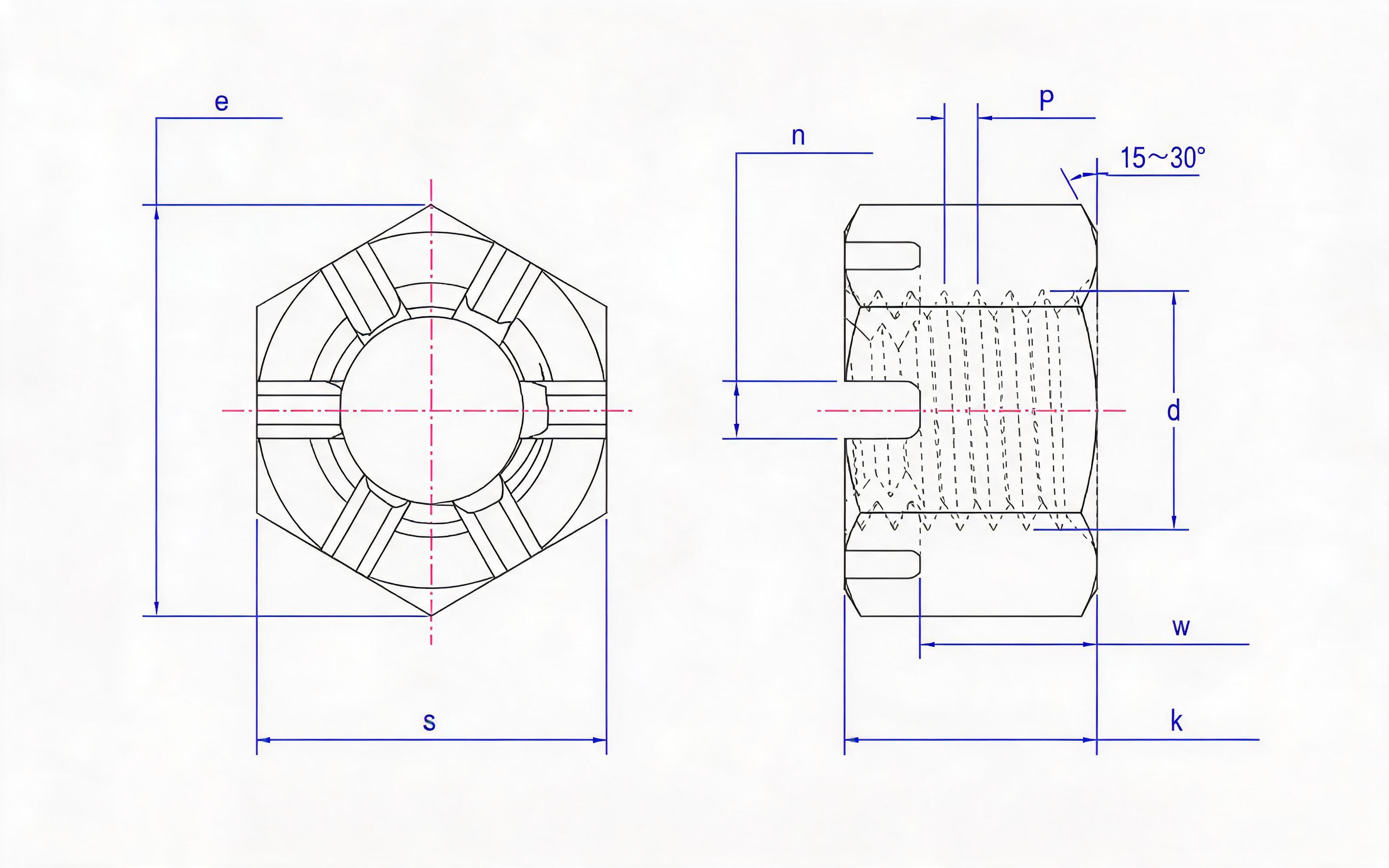 Hexagon castle nut (big opposite side) Standard Drawing