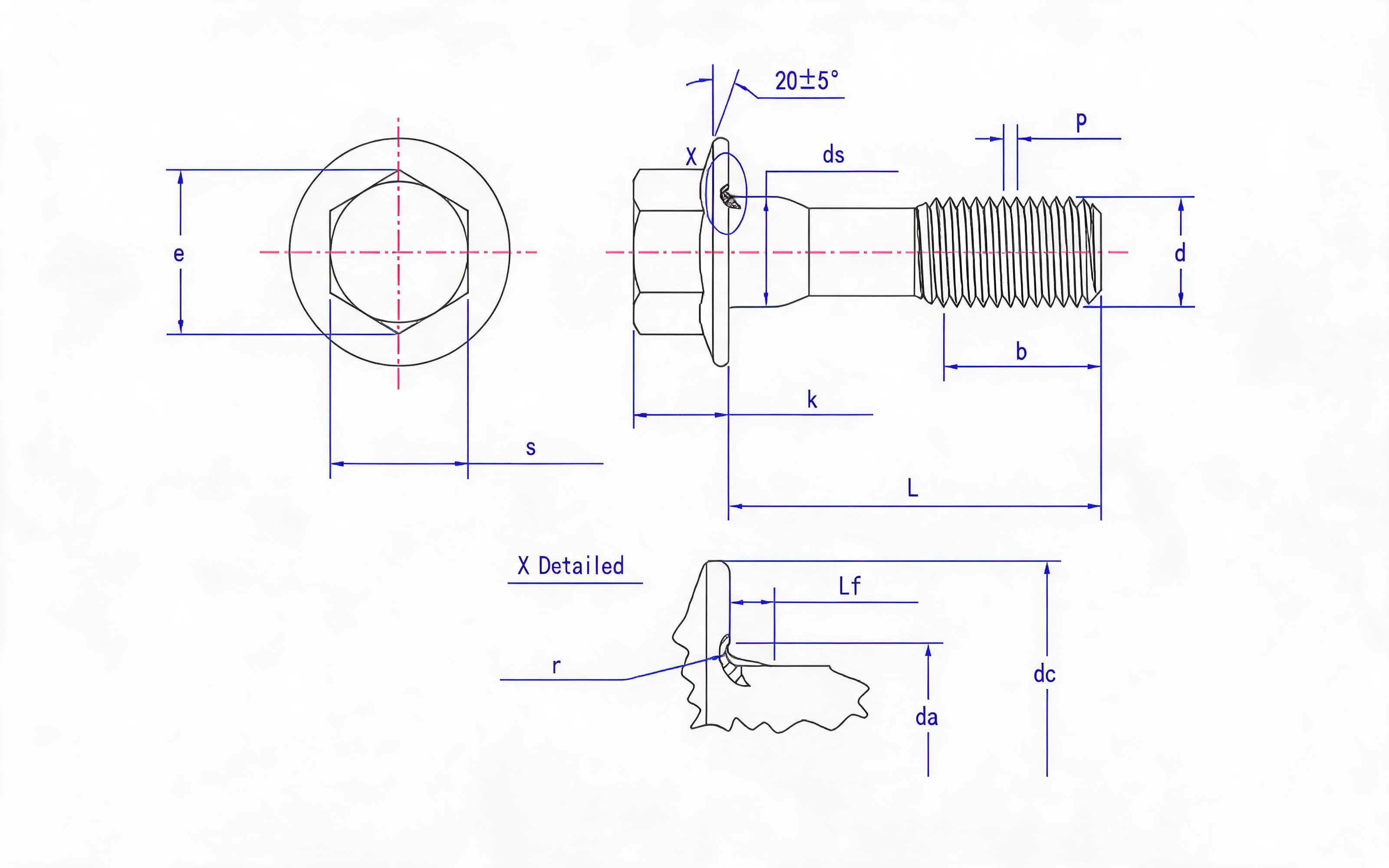 HEXAGON HEAD FLANGE FINE ROD BOLT (SLOTTED DESIGN HO) Standard Drawing