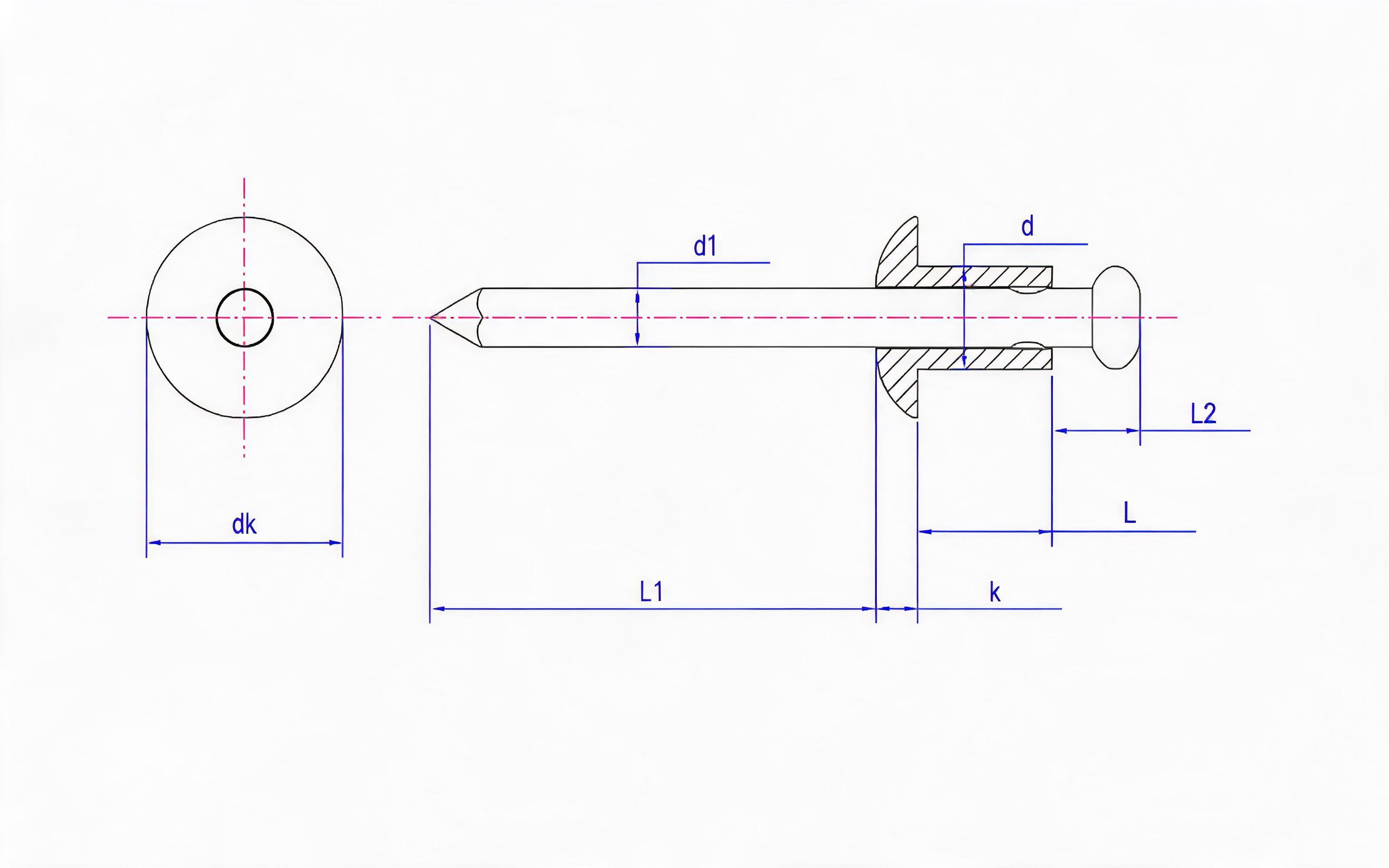 Open end, round head, pop rivets-Grade 30 Standard Drawing