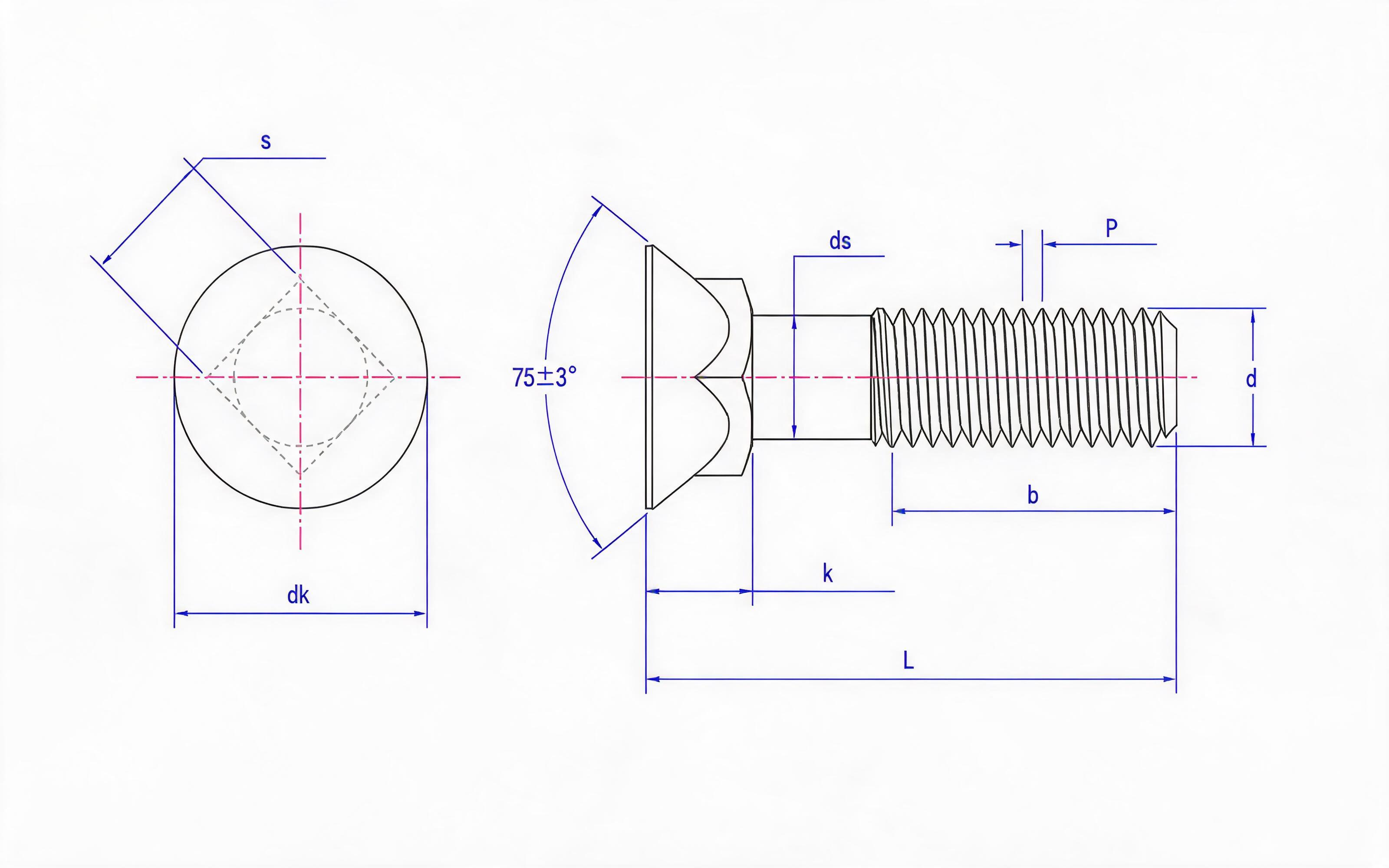 Countersunk square neck bolt Standard Drawing