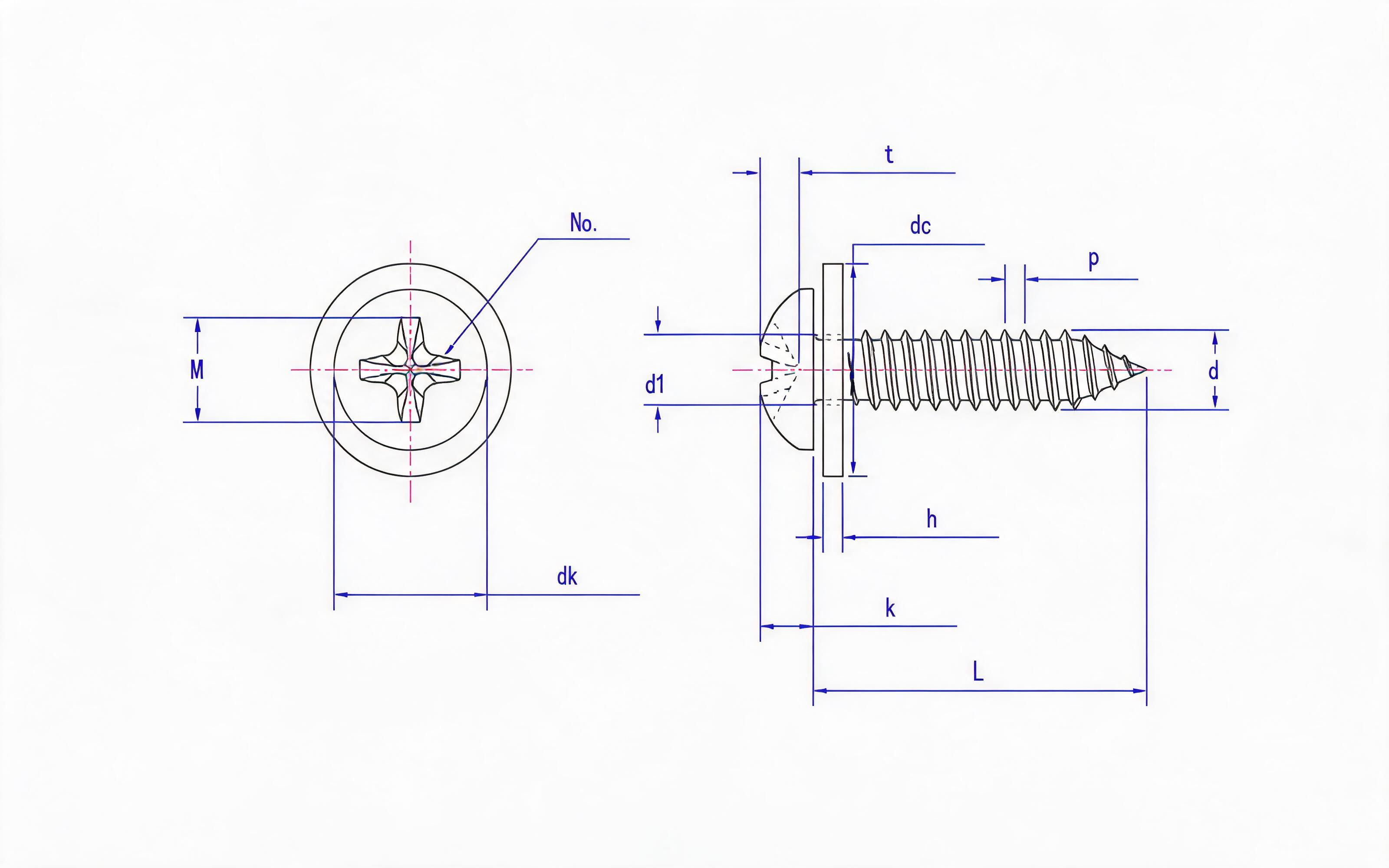 Cross recessed panhead self-tapping screw and flat washer combination type C Standard Drawing