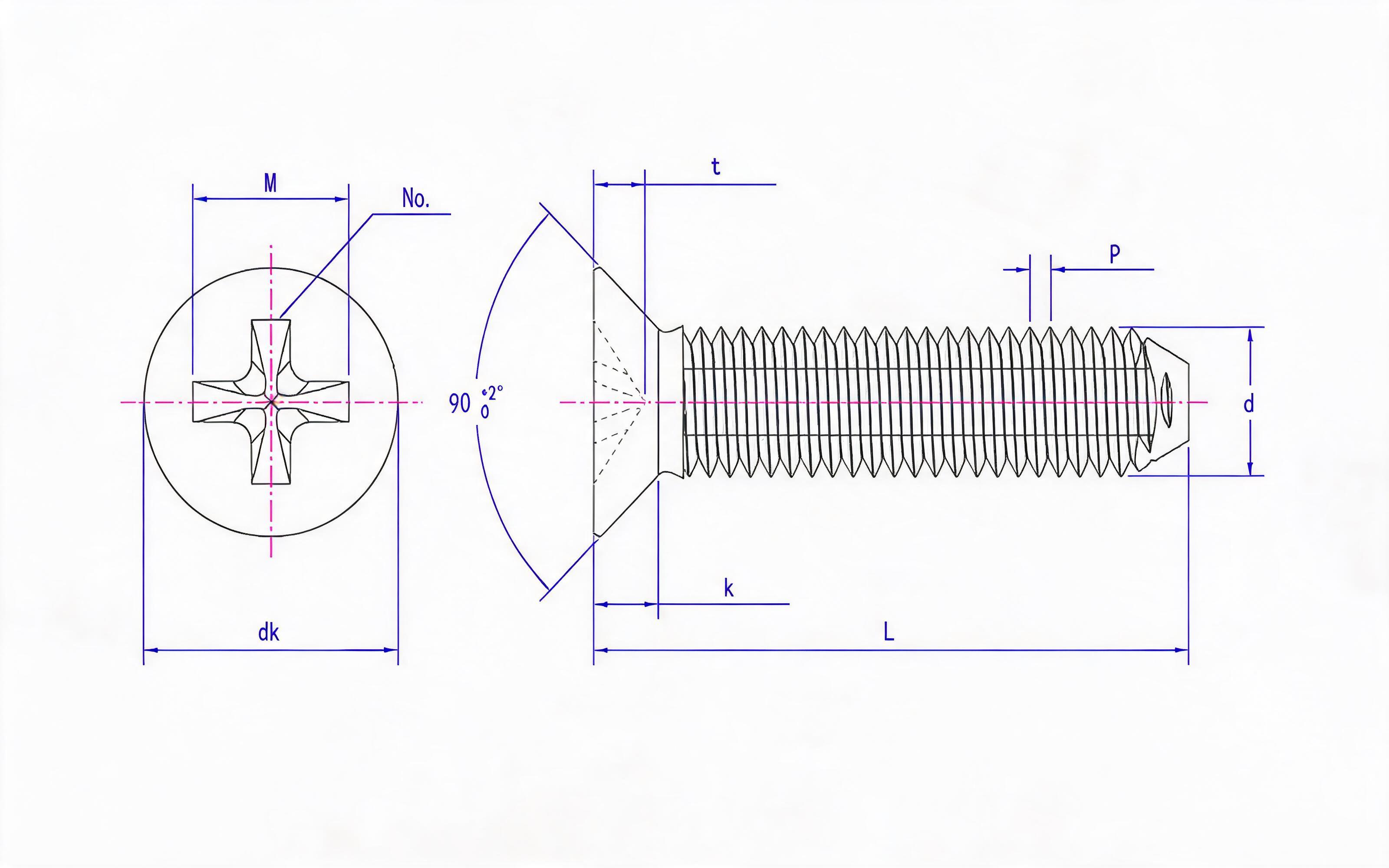 Cross recessed countersunk head self-tapping screw (type H) Standard Drawing