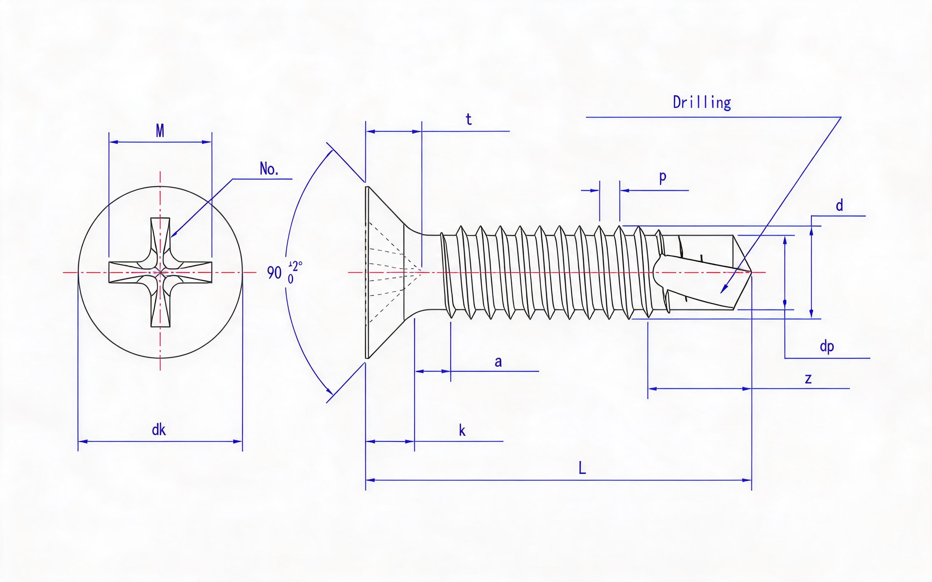 Cross recessed countersunk head self-tapping screw (H type) Standard Drawing