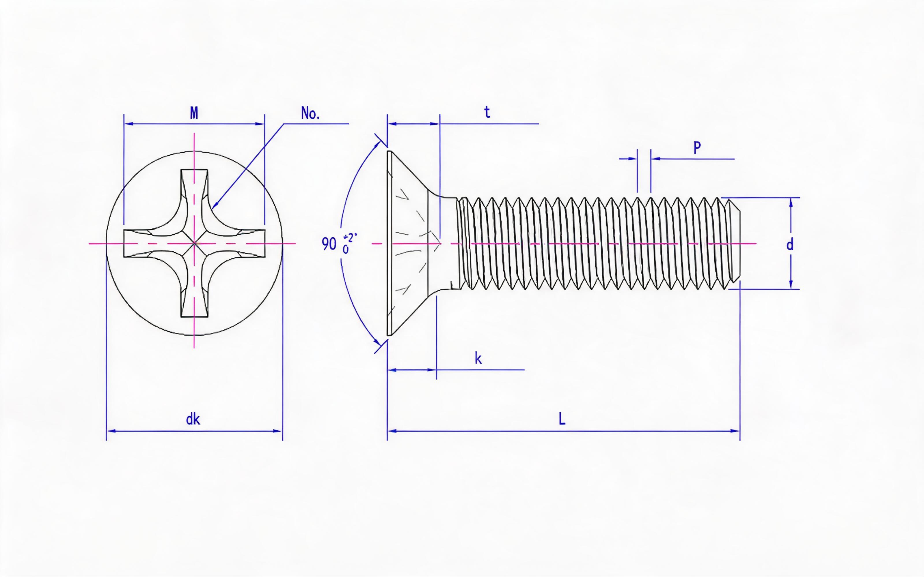 Precision Cross recessed countersunk head screws - Table 2 Standard Drawing