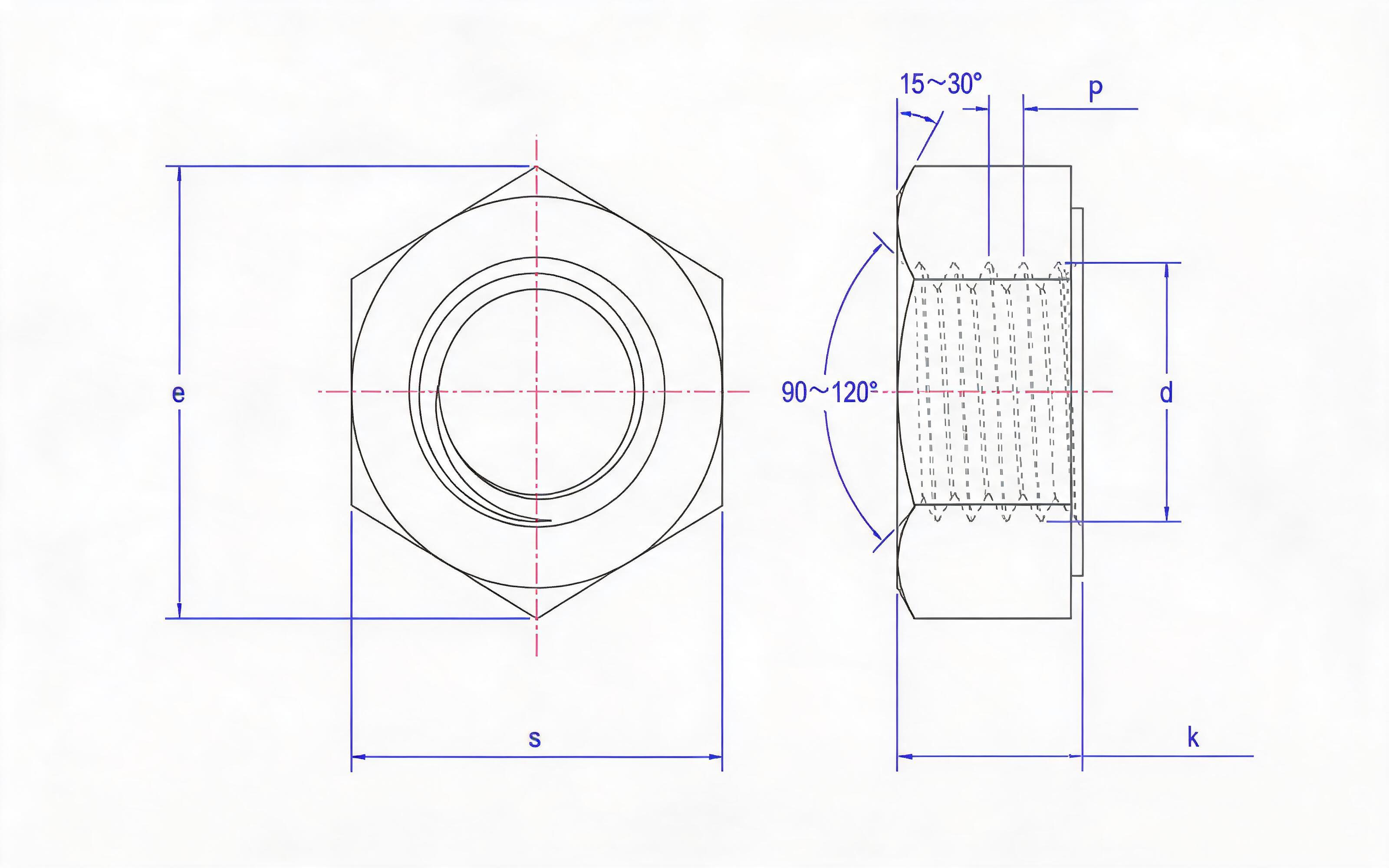 Type 1 single-chamfer hexagon fine thread nut Standard Drawing
