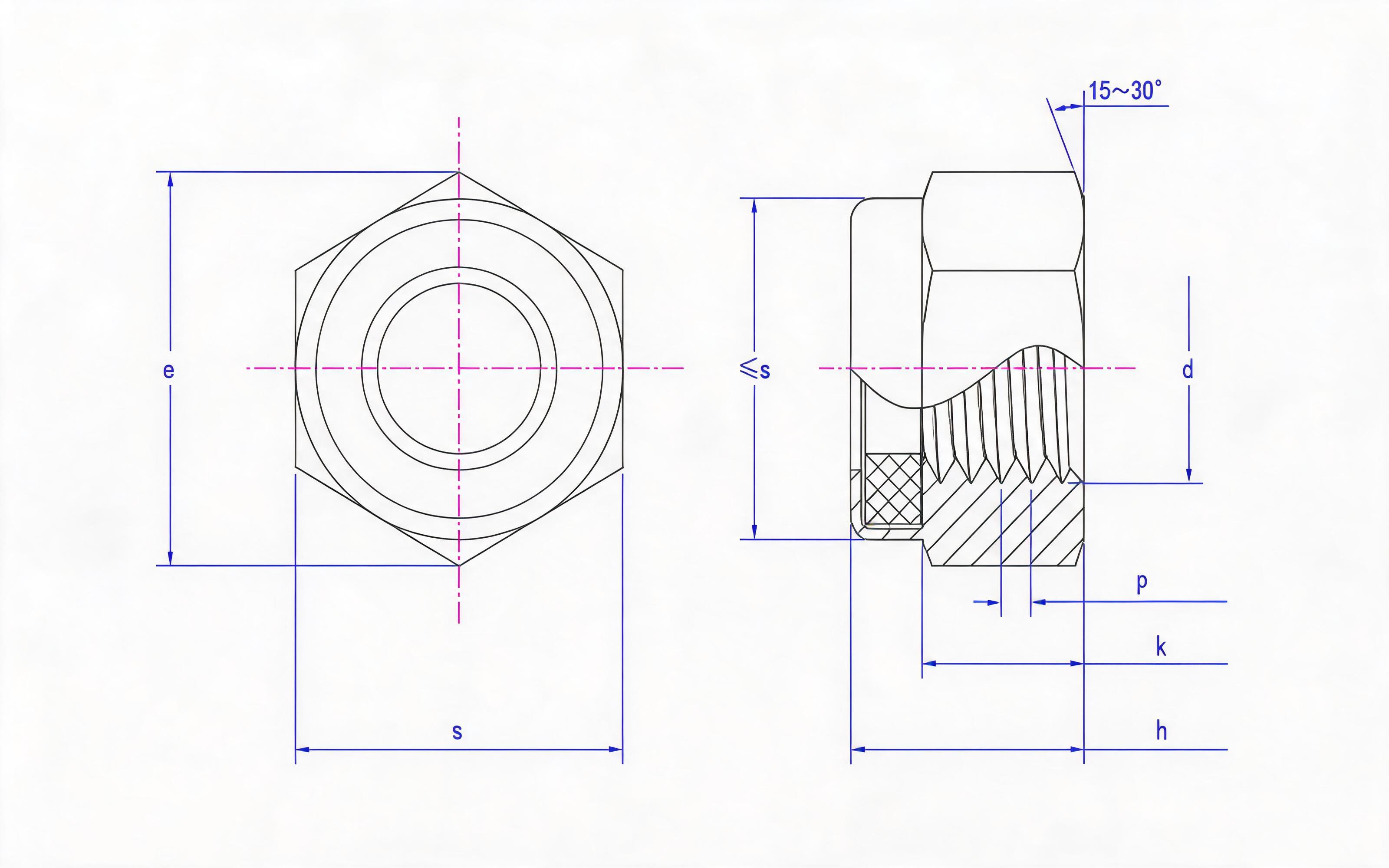 Type 1 non-metallic insert fine thread hexagon lock nut Grade 6, 8, 10 Standard Drawing