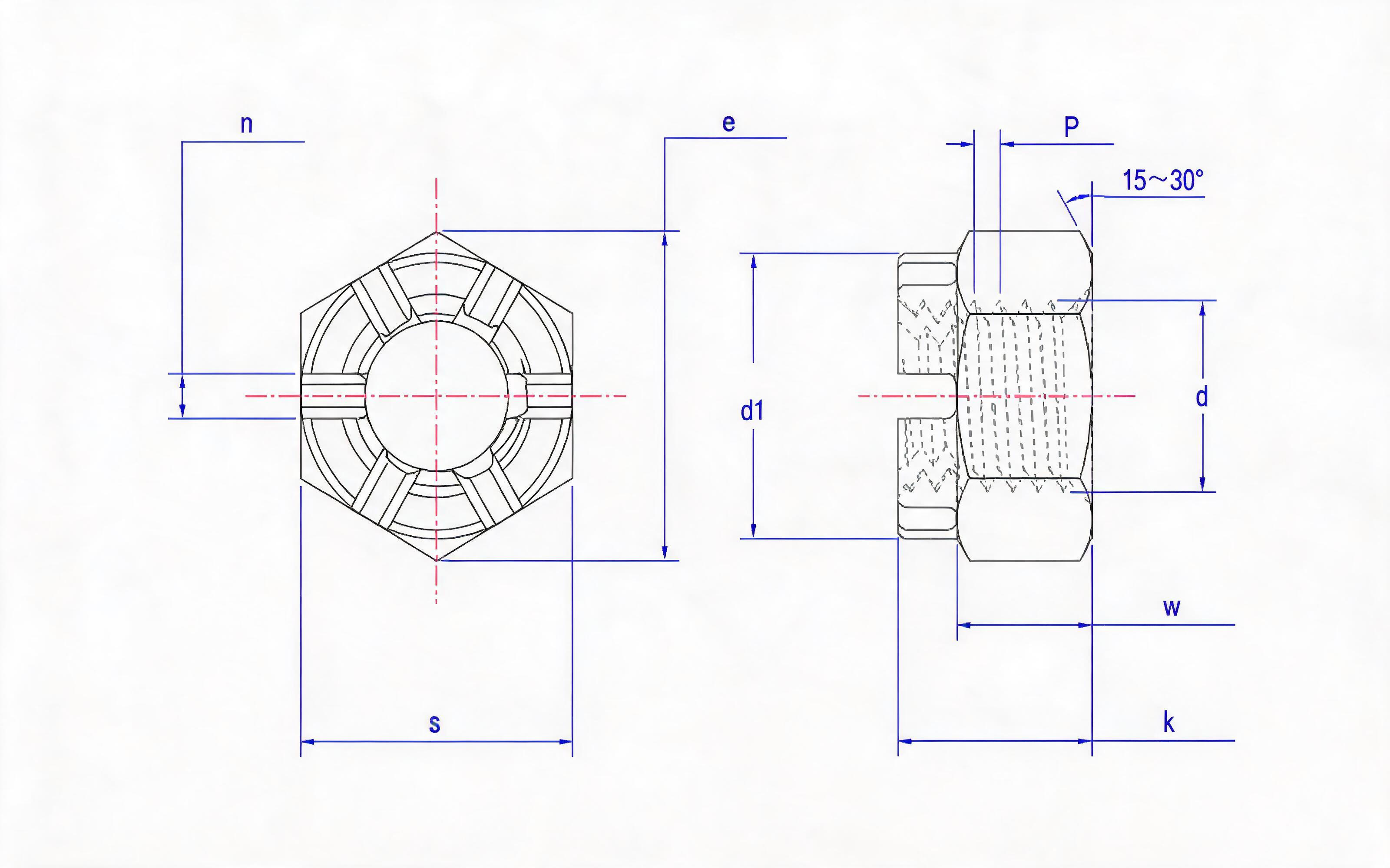 Slotted Crown Nut (Large Opposite Side) Standard Drawing