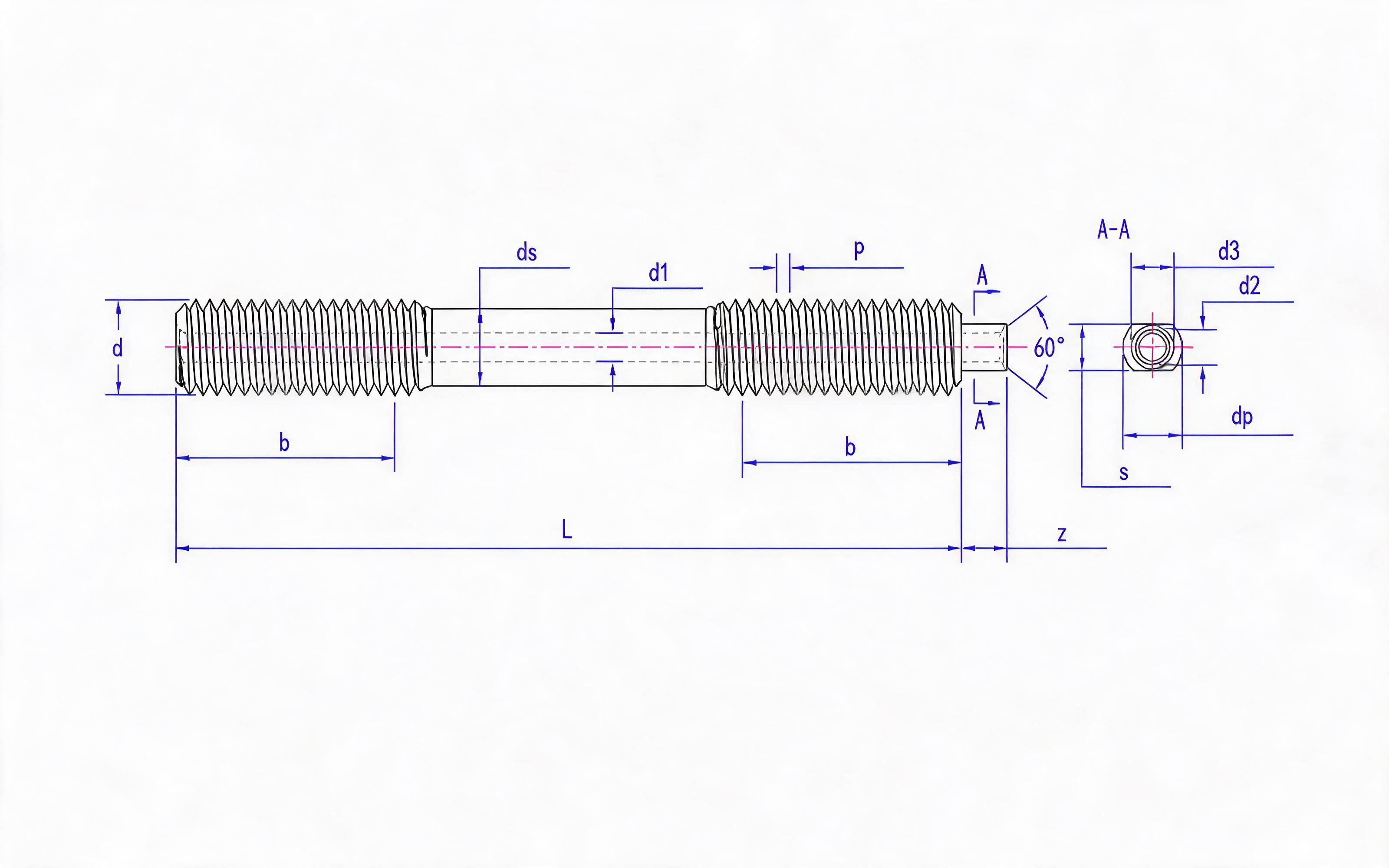 Type A Double-head Equal Length Extended Thread Stud (d ≥ 64mm) Table 1 Standard Drawing