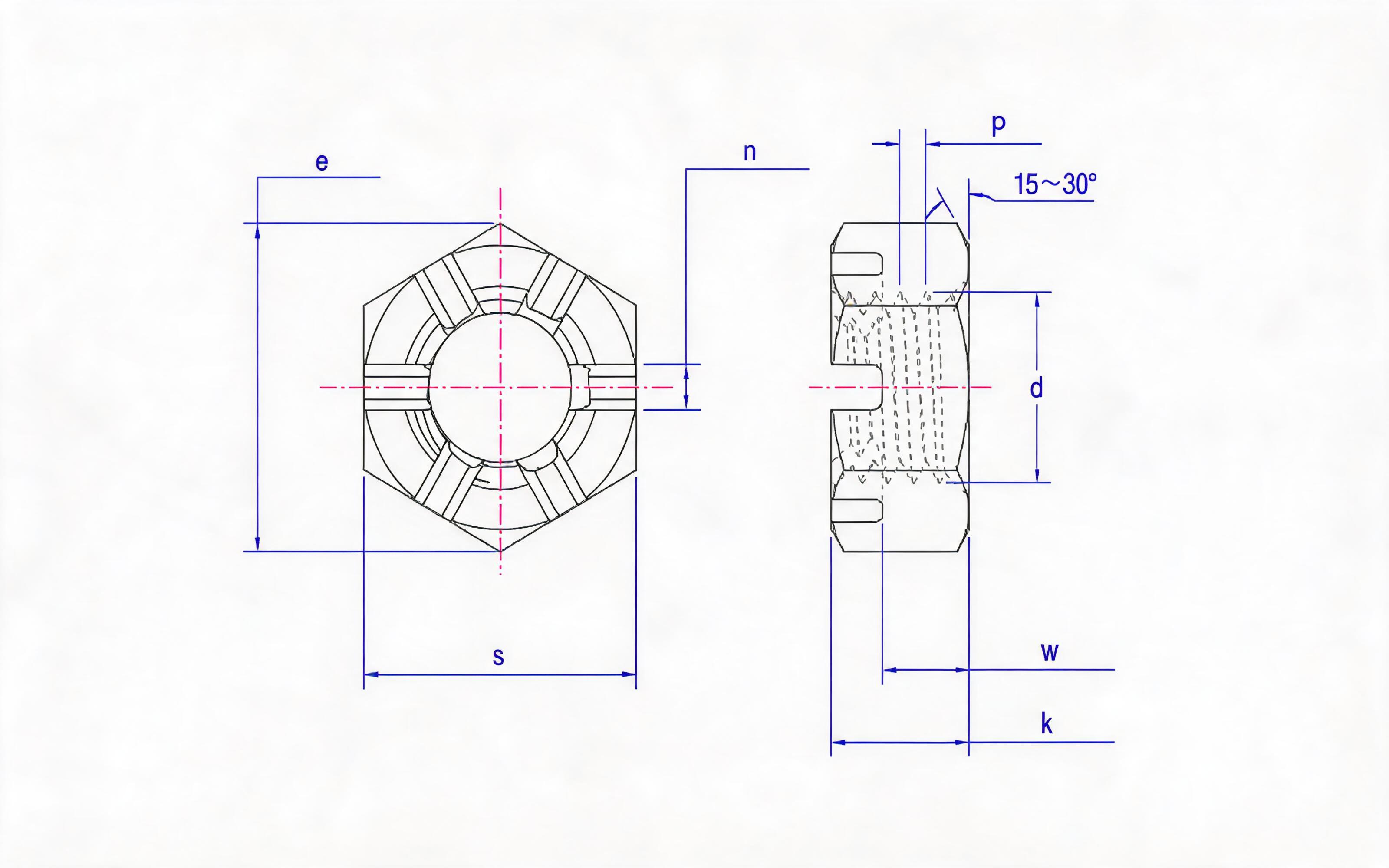 Hexagon thin slotted nut (large opposite side) Standard Drawing