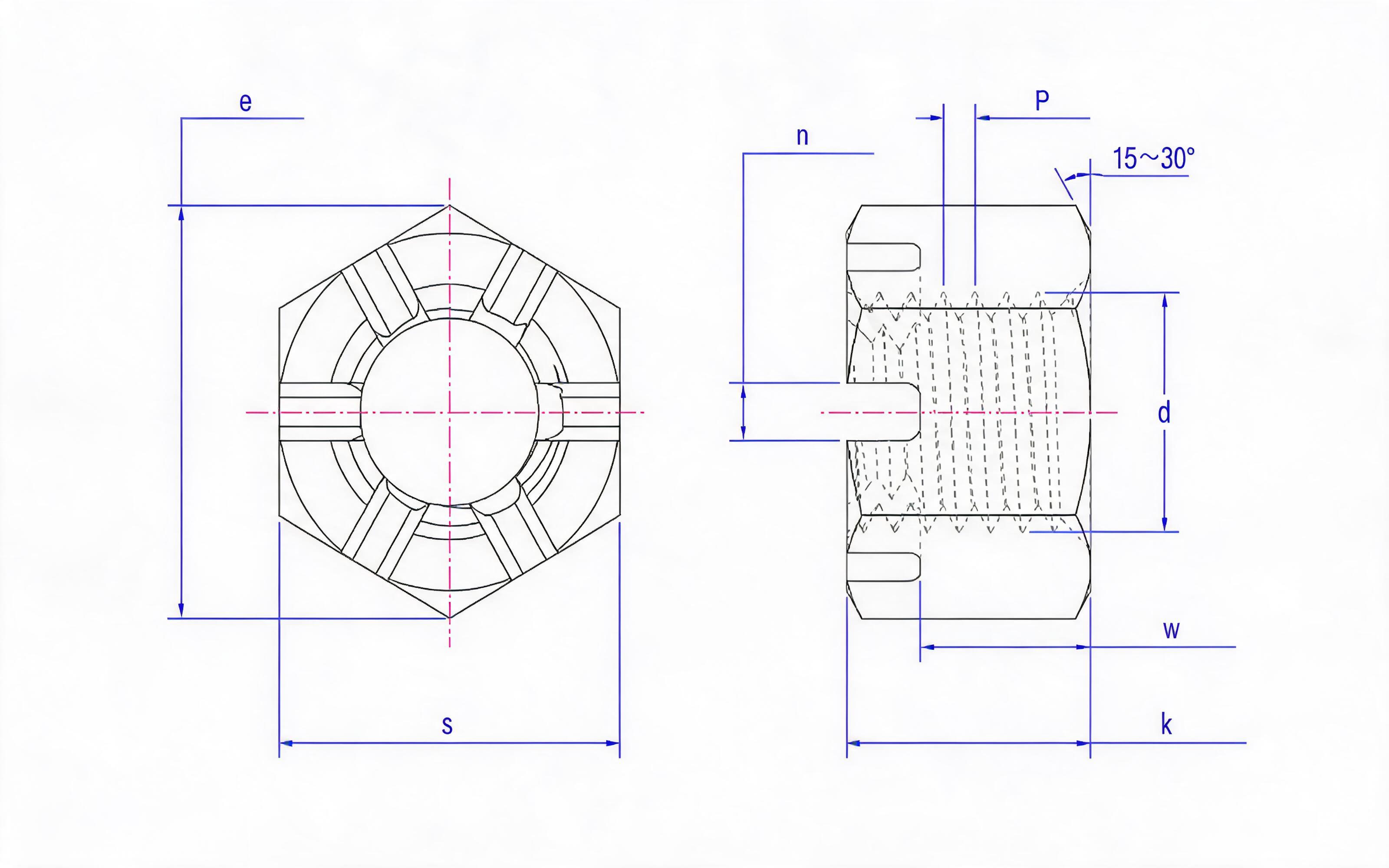 Hexagon castle nut (big opposite side) Standard Drawing