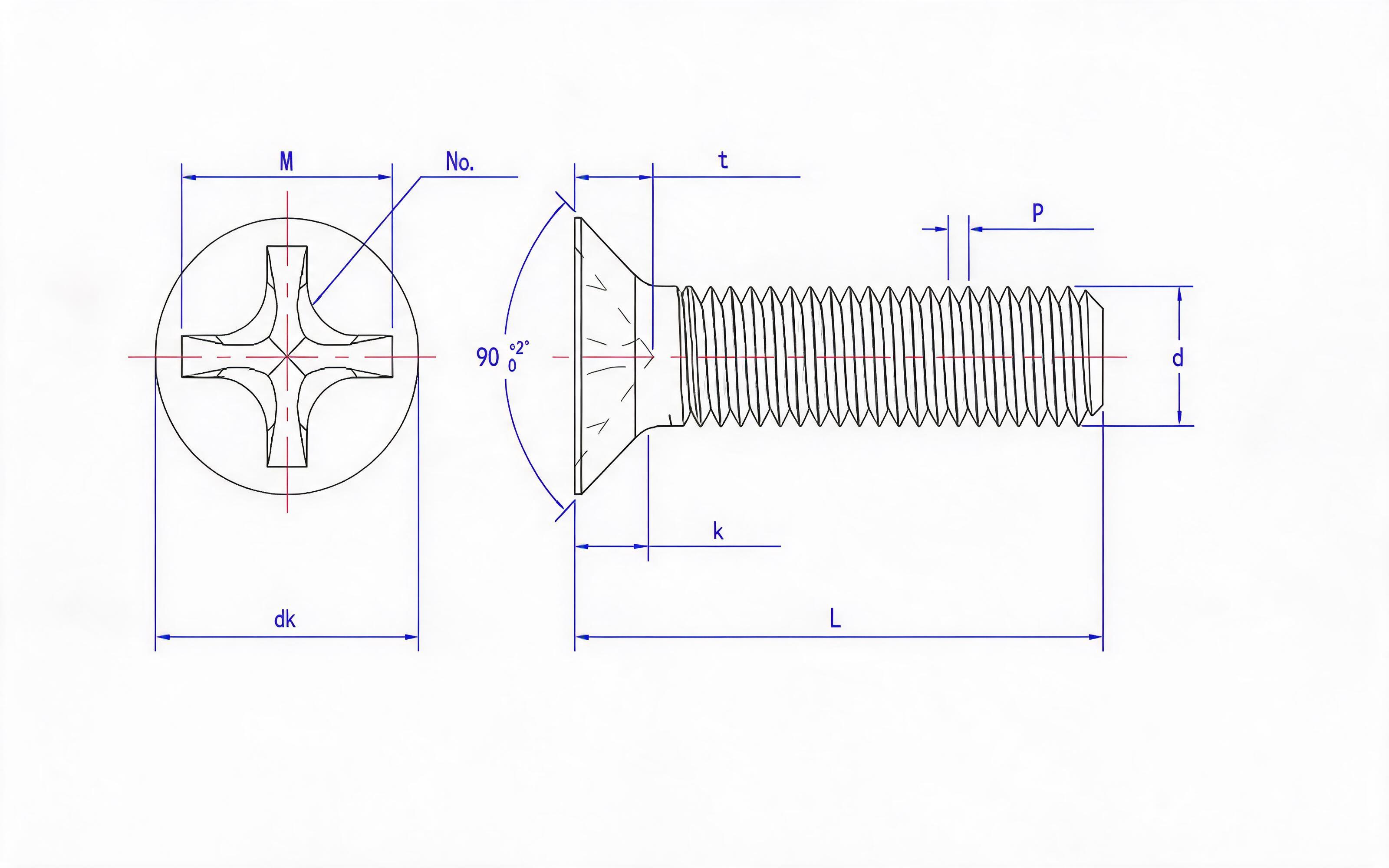 Grade 8.8, stainless steel and non-ferrous deep cross recessed countersunk head screws (H-groove) Standard Drawing