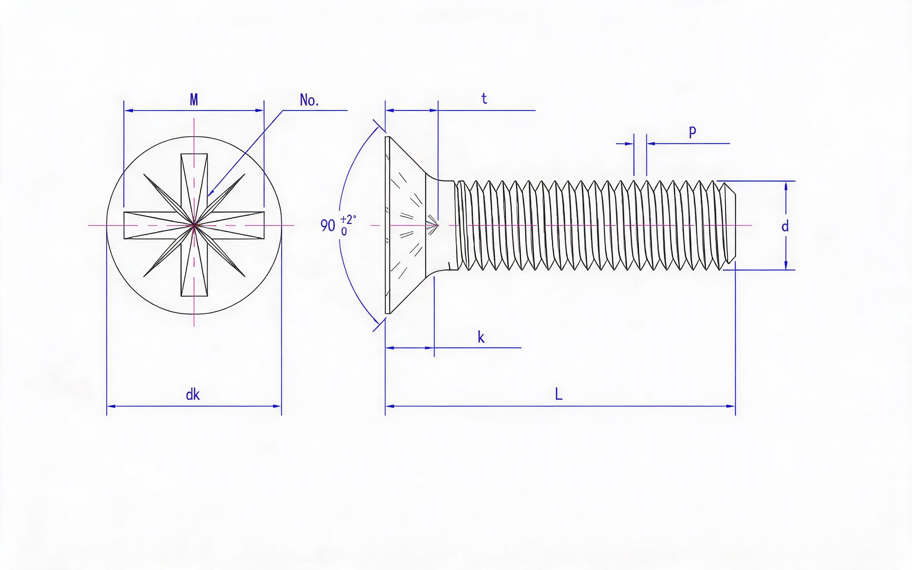 Grade 8.8, stainless steel and non-ferrous light herringbone groove countersunk head screw (Z-groove) Standard Drawing