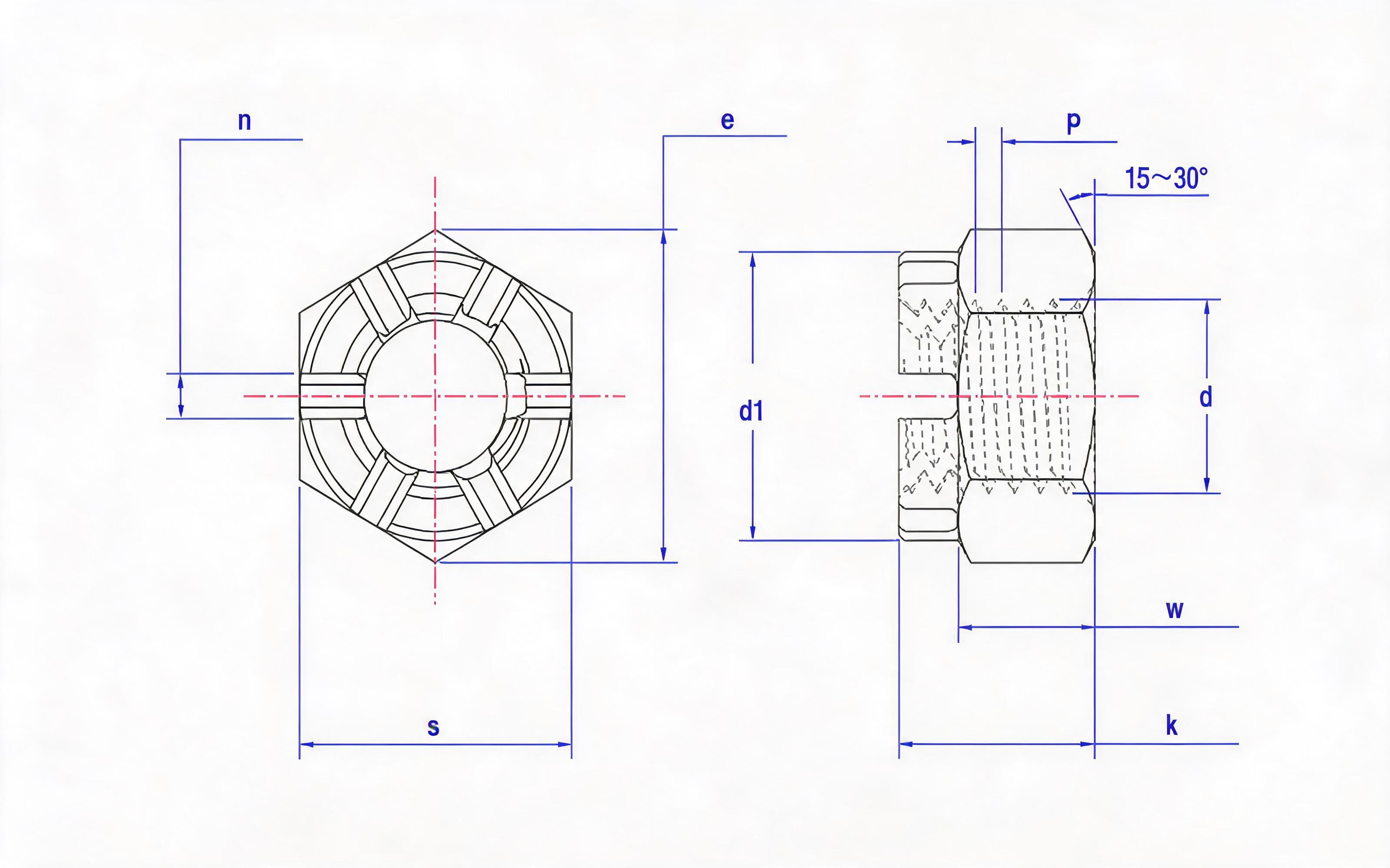 Slotted Crown Nut (Large Opposite Side) Standard Drawing