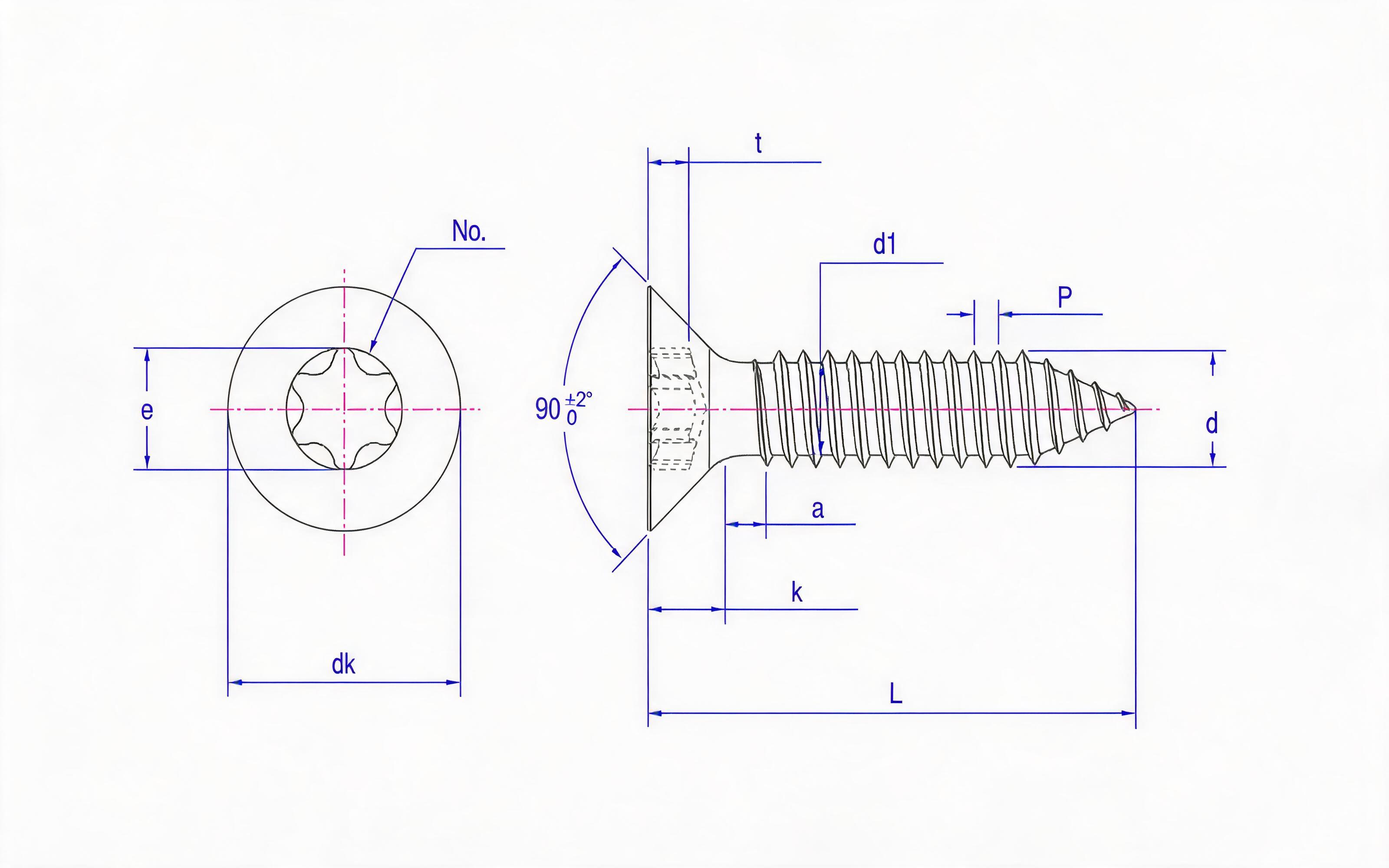 Torx recessed countersunk head self-tapping screw R type Standard Drawing
