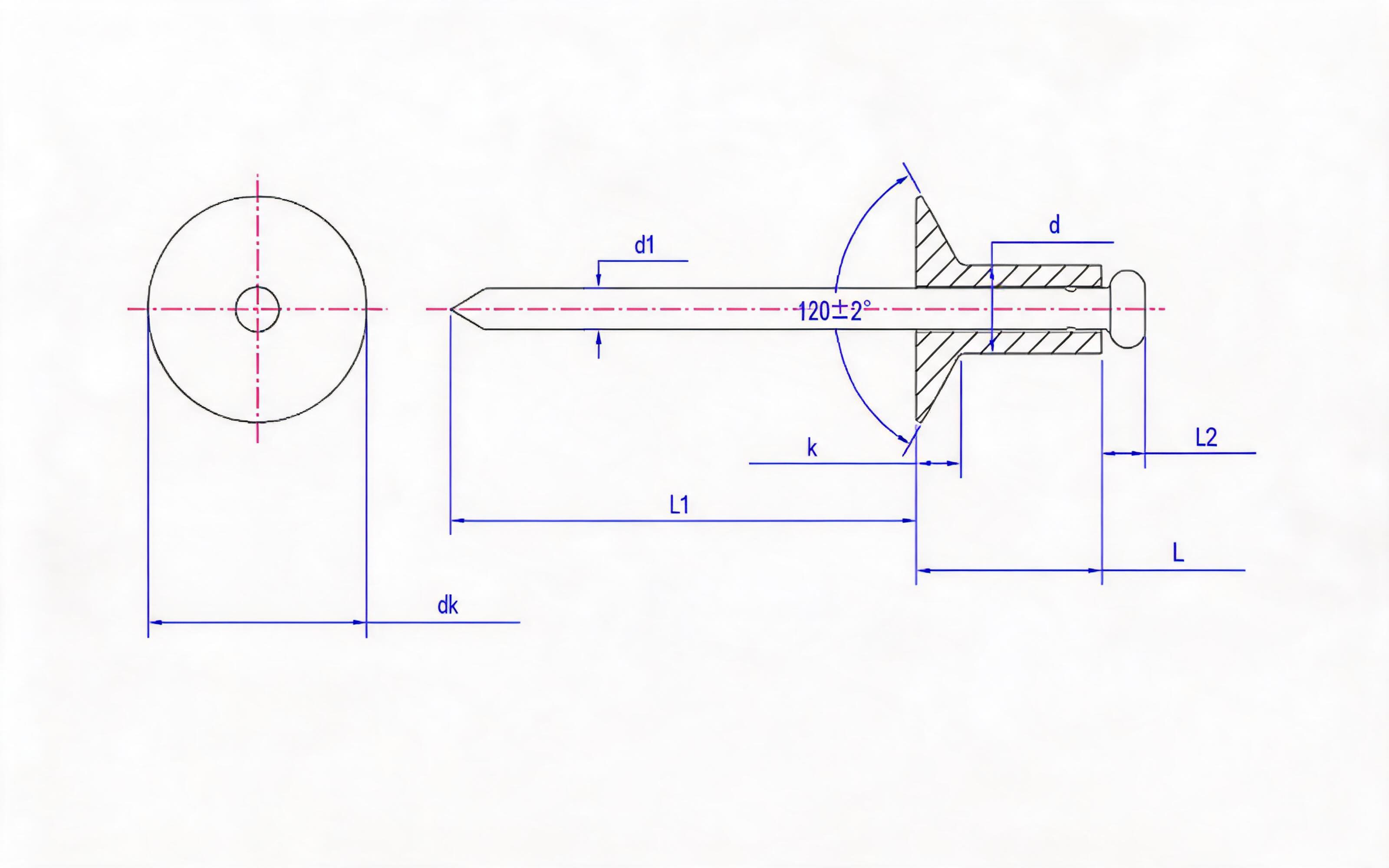 Open end countersunk head pop rivet Standard Drawing