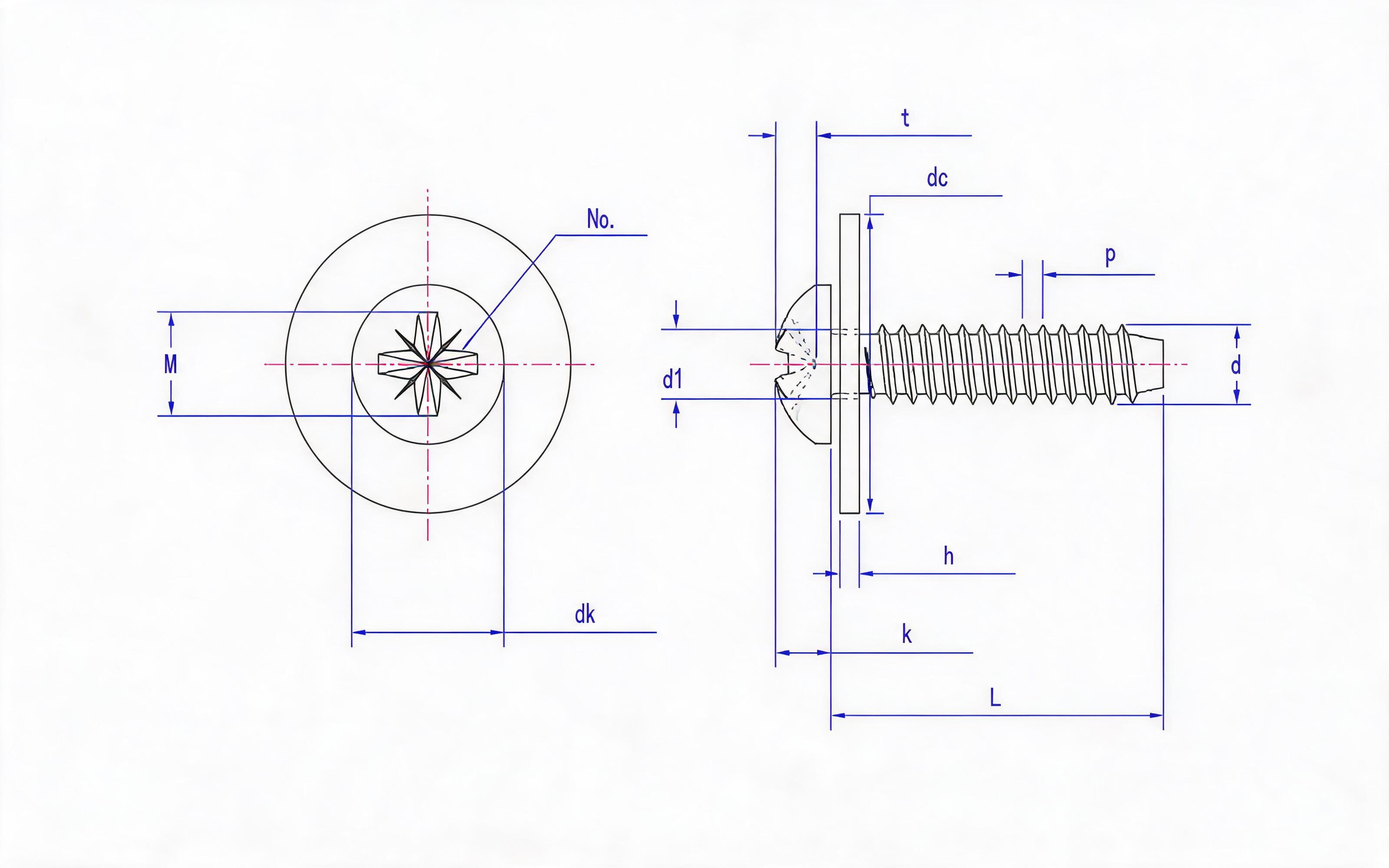 Combination F-type cross recessed panhead self-tapping screw and large flat washer Standard Drawing